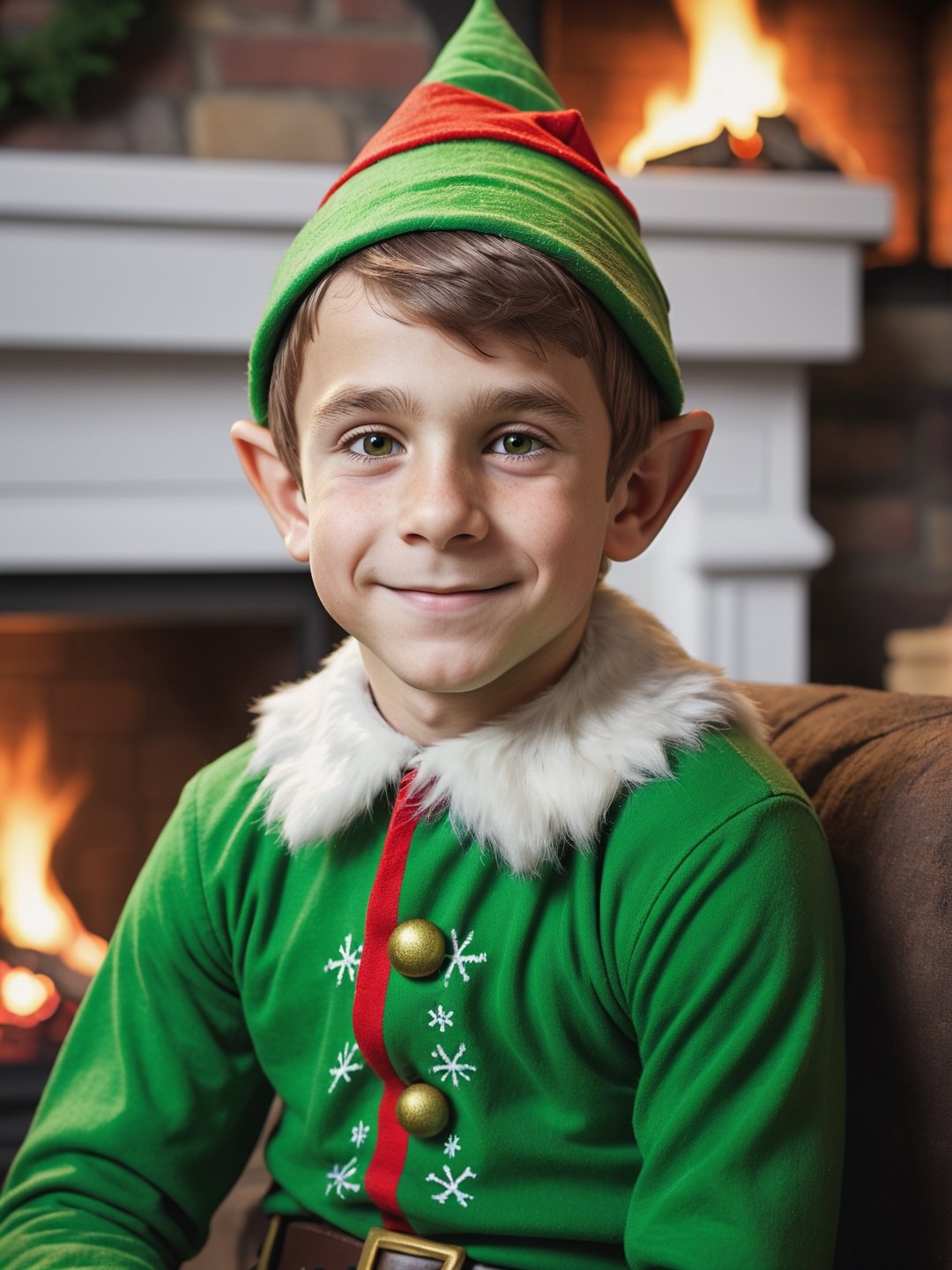 photo r3al, masterpiece, best quality, cartoon, 8k, ultra detailed, santa's elf, young male, smirking, green santa's elf outfit, fireplace, (((closeup))), portrait, 