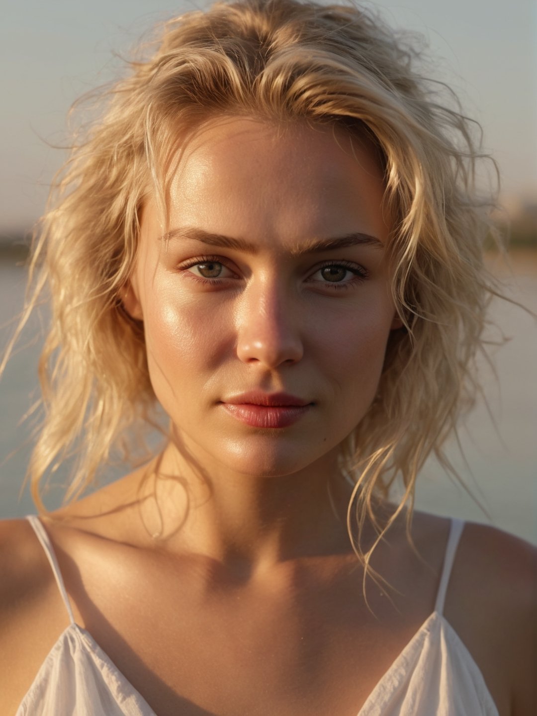 (photorealistic), (masterpiece), real photo, 8k UHD, solo female, russian, blonde, best quality, ultra quality, ultra detailed, realistic eyes, ultra realistic, photography, standing, beach, sunny weather, warm lighting, outdoor, beach, upper body, messy hair, white dress, (((closed mouth))), natural beauty, (closeup face), smirk