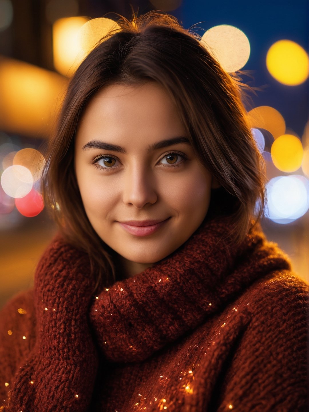 photo r3al, solo female, cosy sweater, (closed mouth:1.5), 25 years old, facing viewer, looking at viewer, front view, masterpiece, photorealistic, hyperdetailed photography, bokeh effect, city lights, night, depth of field, warm lighting, outdoors, sparkling eyes, dimples, (((closeup)))