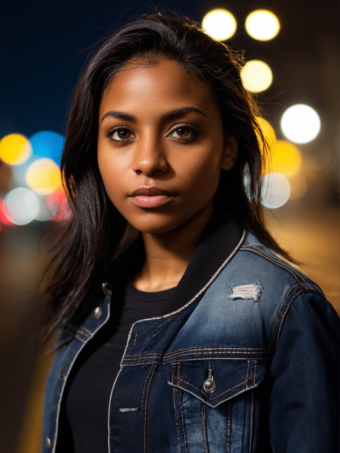 photo r3al, solo female, black skin, black eyes, black hair, black jeans jacket, (closed mouth:1.5), 25 years old, facing viewer, looking at viewer, front view, masterpiece, photorealistic, hyperdetailed photography, city lights, night, depth of field, warm lighting, outdoors, dimples, (((closeup, small breasts))), realistic eyes, detailed eyes, 