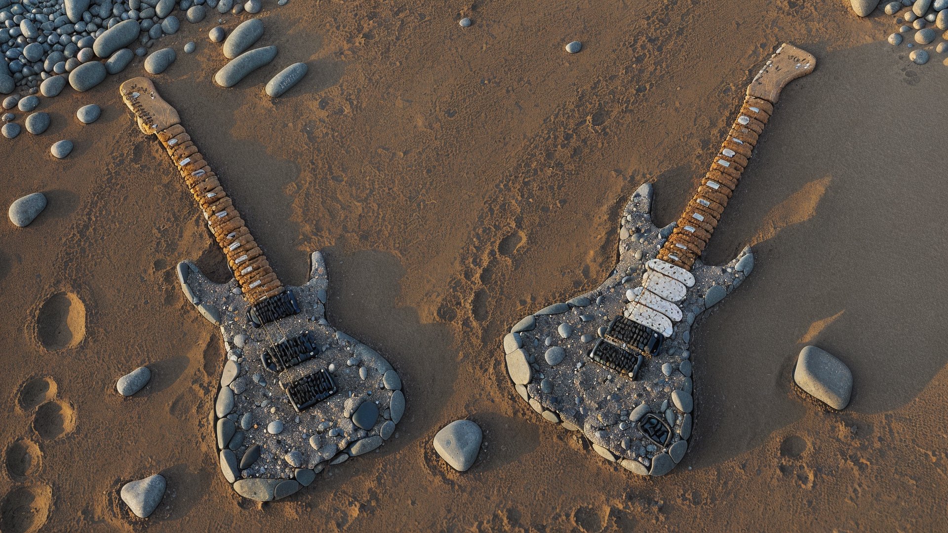 rock_2_img, rock image, rock art, rock, one stone electric guitar shape fully made out of rocks, full view, High detail, rock, best quality, (just a shape, not a guitar you stupid AI), beach, footsteps