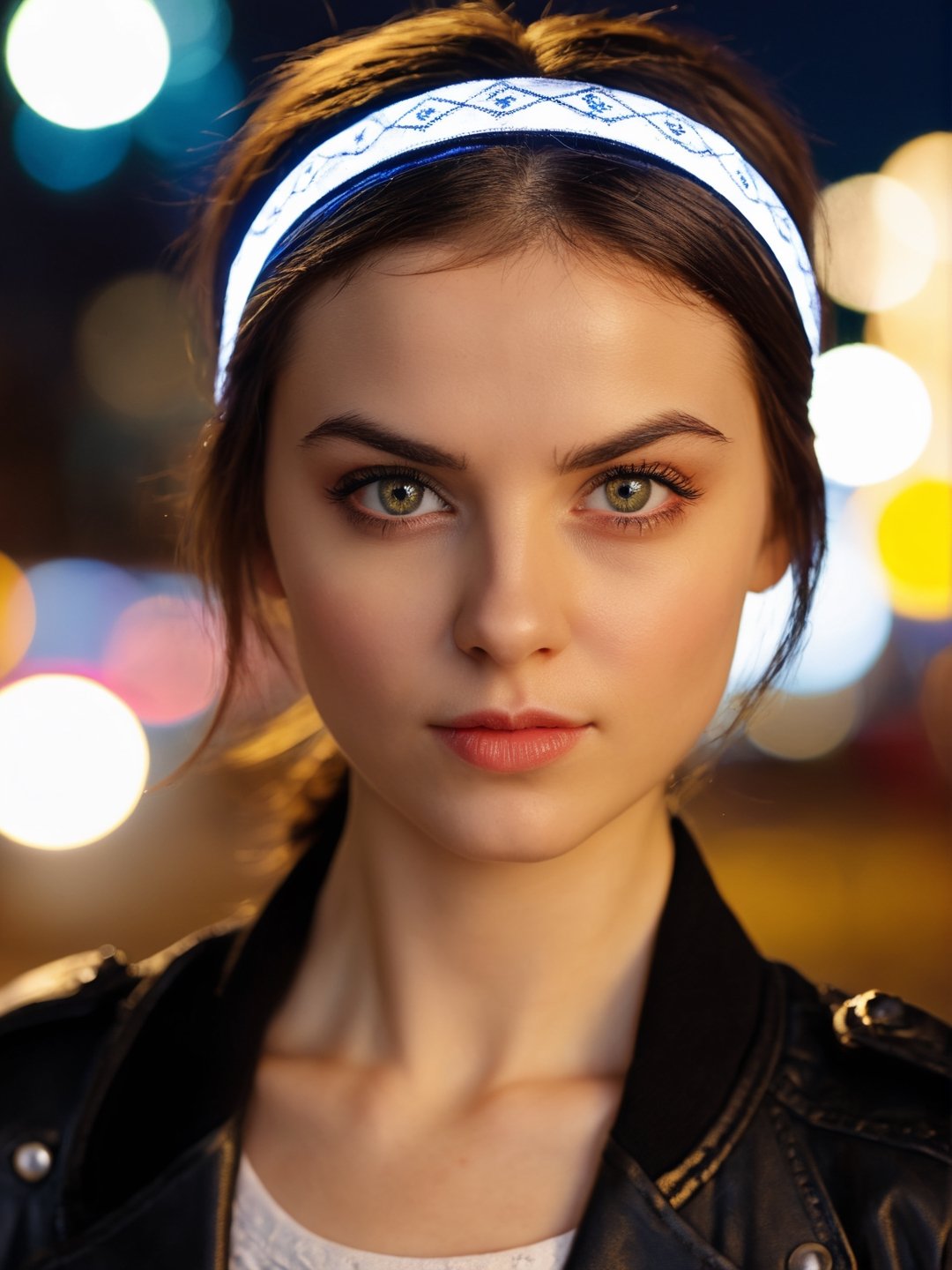 photo r3al, beautiful female, american, brunette, hairband, black jacket, (closed mouth:1.5), 25 years old, facing viewer, looking at viewer, front view, masterpiece, photorealistic, hyperdetailed photography, city lights, night, bokeh effect, warm lighting, outdoors, dimples, (((closeup, small breasts))), realistic eyes, detailed eyes, white skin, irritated, evil eyes