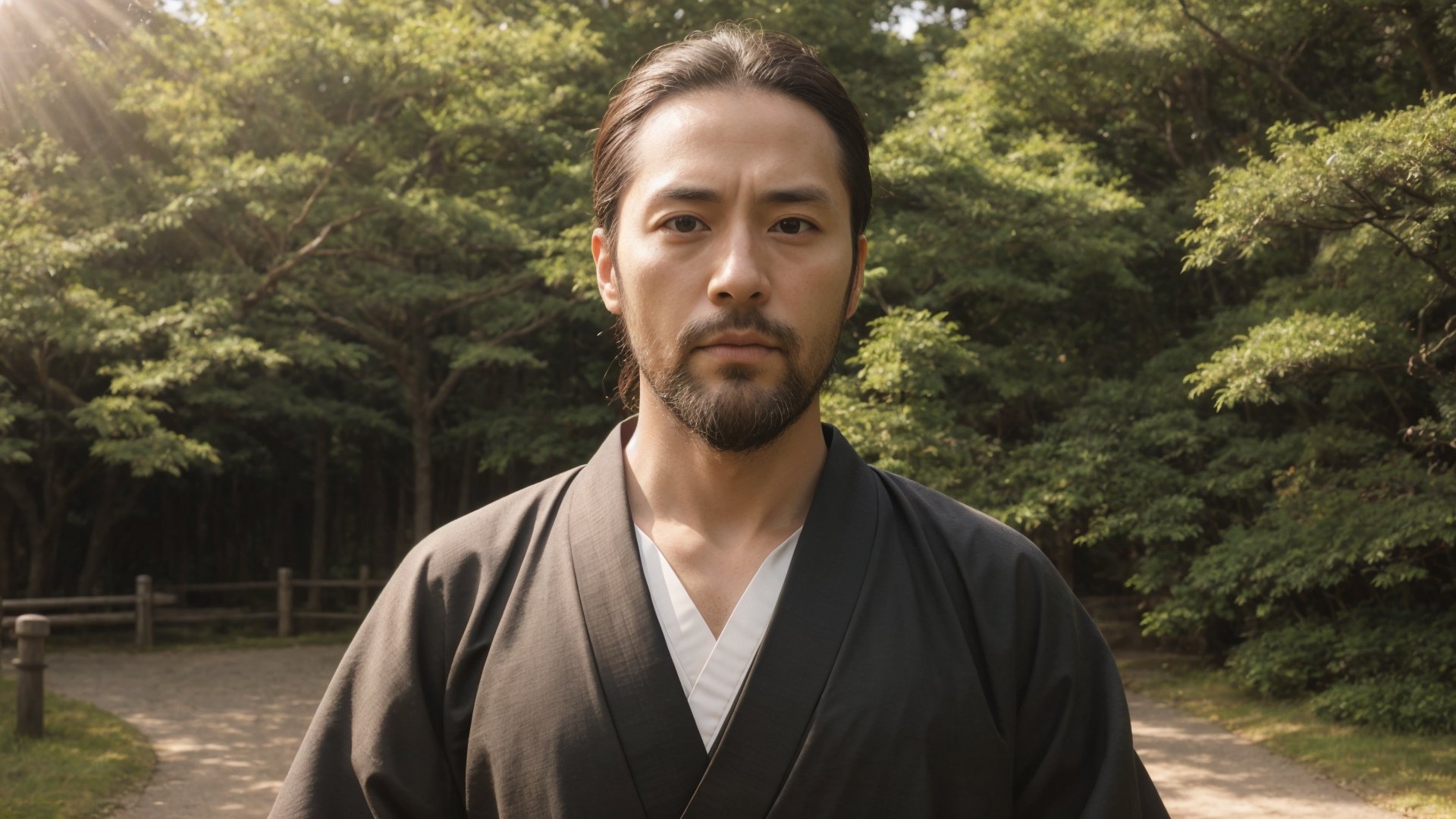 1male, samurai, handsome, 35 years old, pensive, best quality, ultra detailed, ultra realistic, ultra sharp, 8k, colorful hakama, chonmage, detailed face, cinematic, japanese park path, upper body, beard, front view, sunshine, soft lighting, detailed clothes, raised head, 