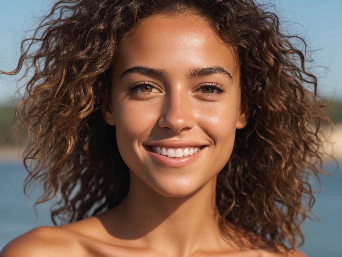 (photorealistic), (masterpiece), real photo, 8k UHD, solo female, brasilian, 28 years old, natural beauty, best quality, ultra quality, ultra detailed, realistic eyes, ultra realistic, photography, standing, beach, sunny weather, warm lighting, outdoor, beach, upper body, messy hair, smile, tanned skin, bare shoulders, small breasts, narrow shoulders