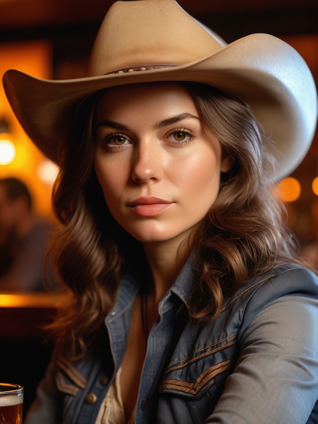 photo r3al, photorealistic, masterpiece, hyperdetailed photography, solo female, cowgirl at the bar, best quality, 8k, ultra quality, ultra detailed, closed mouth, warm lighting, 30 years old, closed mouth, (((closeup))), cowboy hat