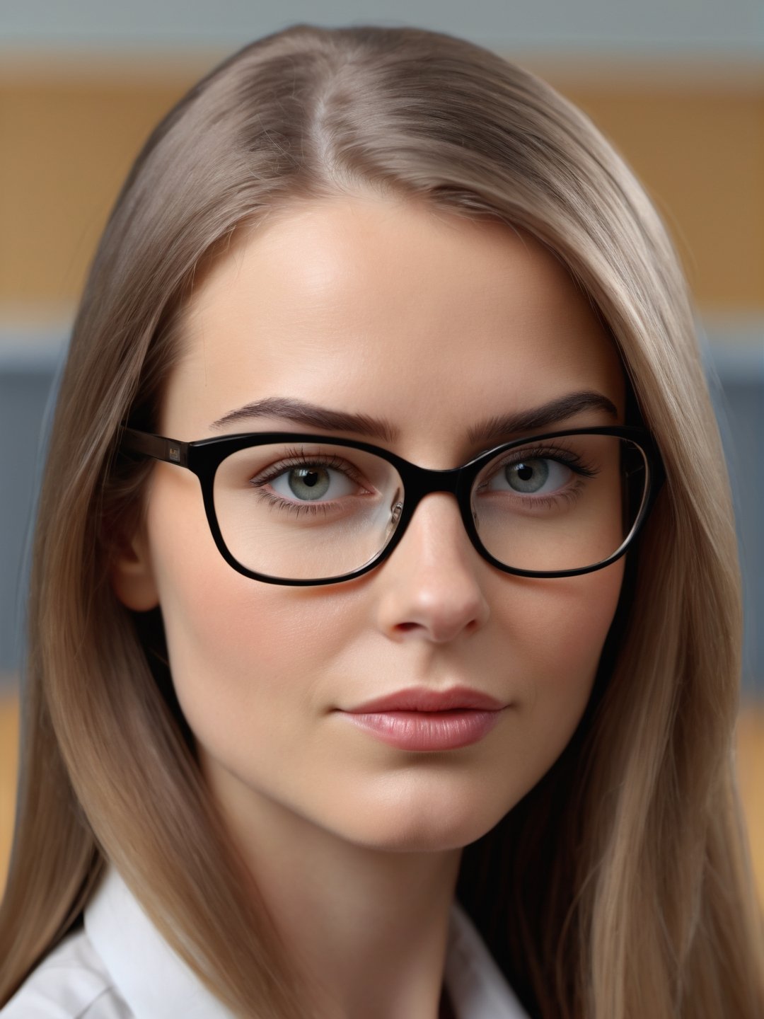 photo r3al, photorealistic, masterpiece, hyperdetailed photography of a beautiful woman, classroom, best quality, 8k UHD, 8k, ultra quality, ultra detailed, closed mouth, smirking, warm lighting, daylight, soft lighting, (closeup), looking_at_viewer, glasses, teacher, 25 years old, smooth face, facing viewer,