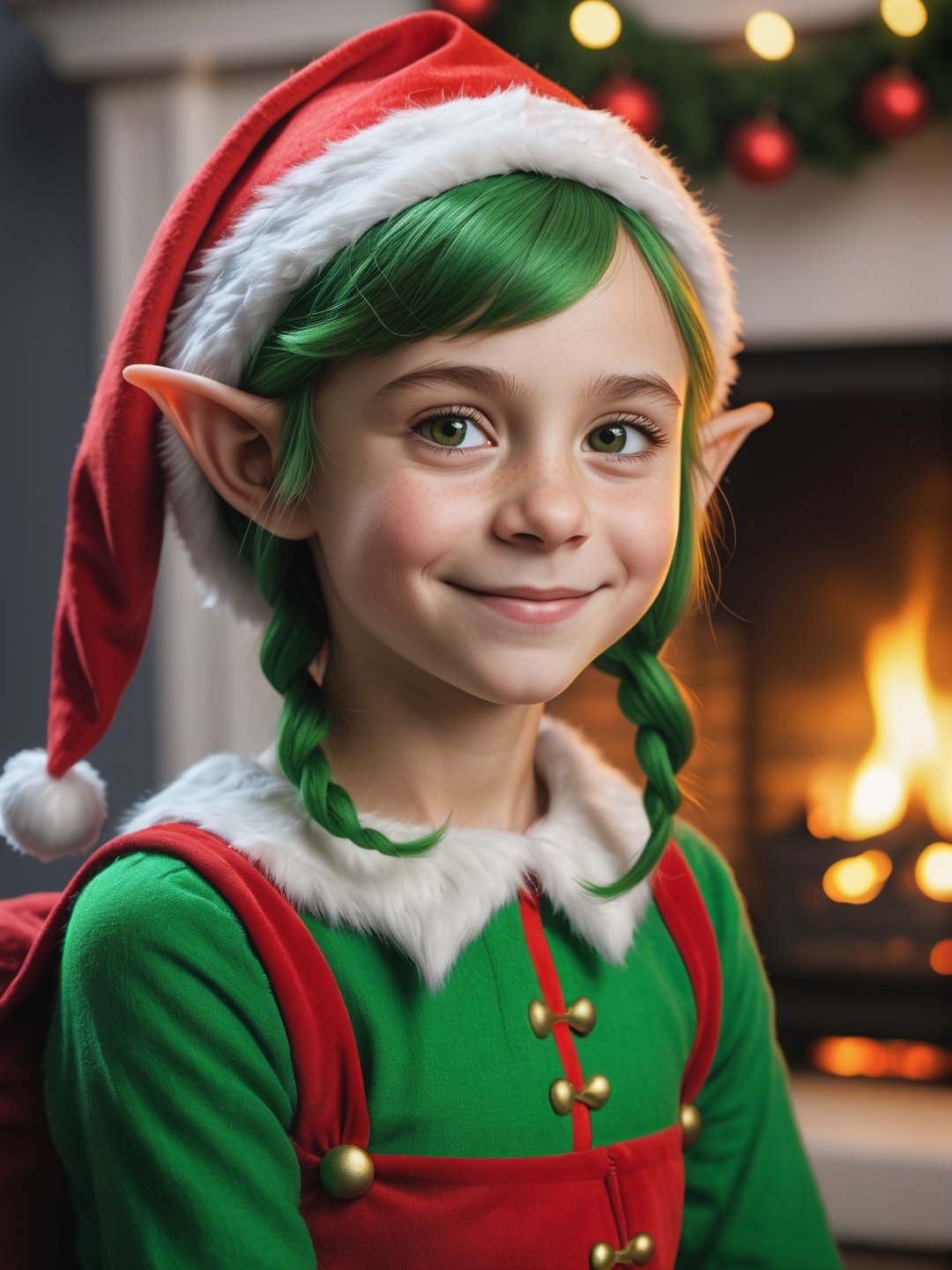 photo r3al, masterpiece, best quality, cartoon, 8k, ultra detailed, santa's elf, young female, smirking, green santa's elf outfit, fireplace, (((closeup))), portrait, 