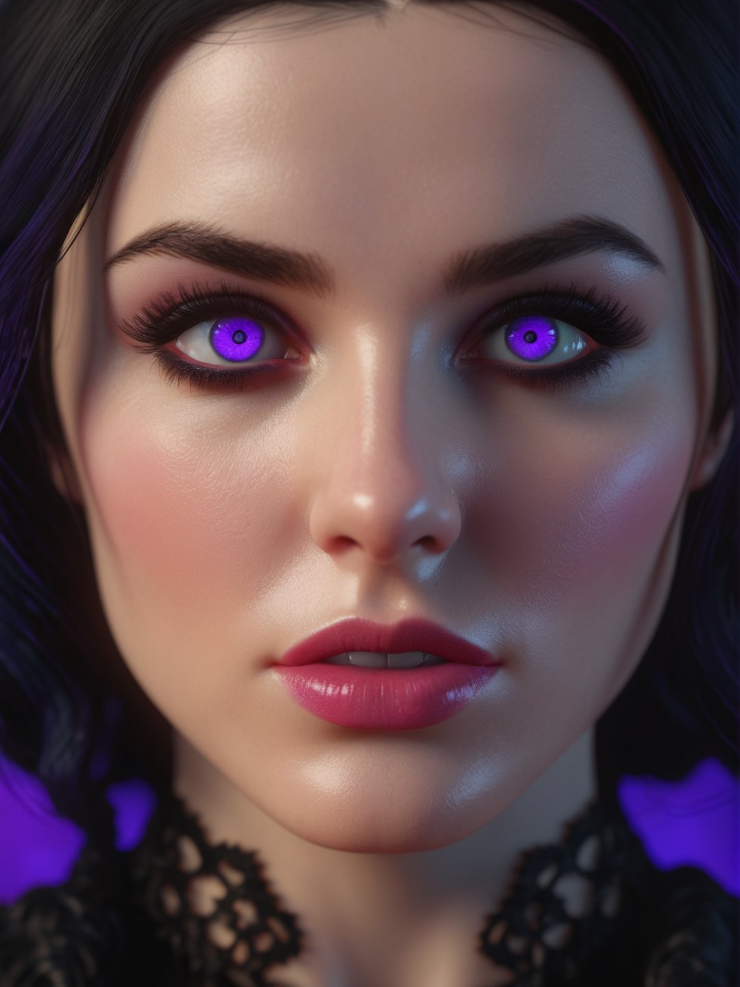 photorealistic, masterpiece, hyperdetailed photography, Yennefer, colorful orbs, element of love and magic, best quality, 8k, ultra quality, ultra detailed, warm lighting, (closeup), looking_at_viewer, facing viewer, front_view, sharp focus, clean face, violet eyes