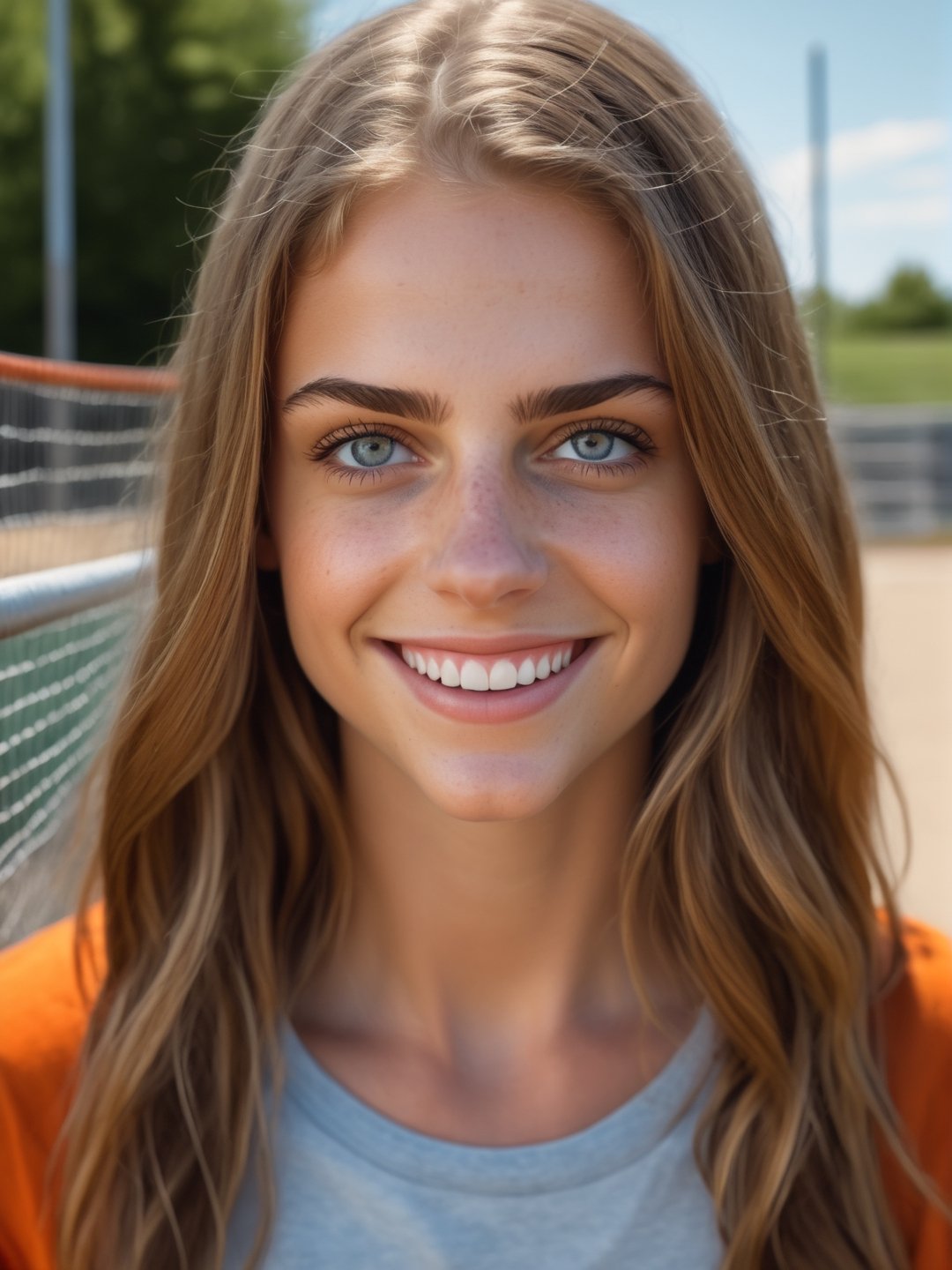 best quality, 8k, 8k UHD, ultra realistic, ultra detailed, hyperdetailed photography, real photo, realistic eyes, solo female, beautiful, detailed hair, stripped orange top, photo r3al, outdoors, wire mesh fencing, detailed face, playful, young, skate park, smile, natural beauty, upper body, closeup, long hair, 