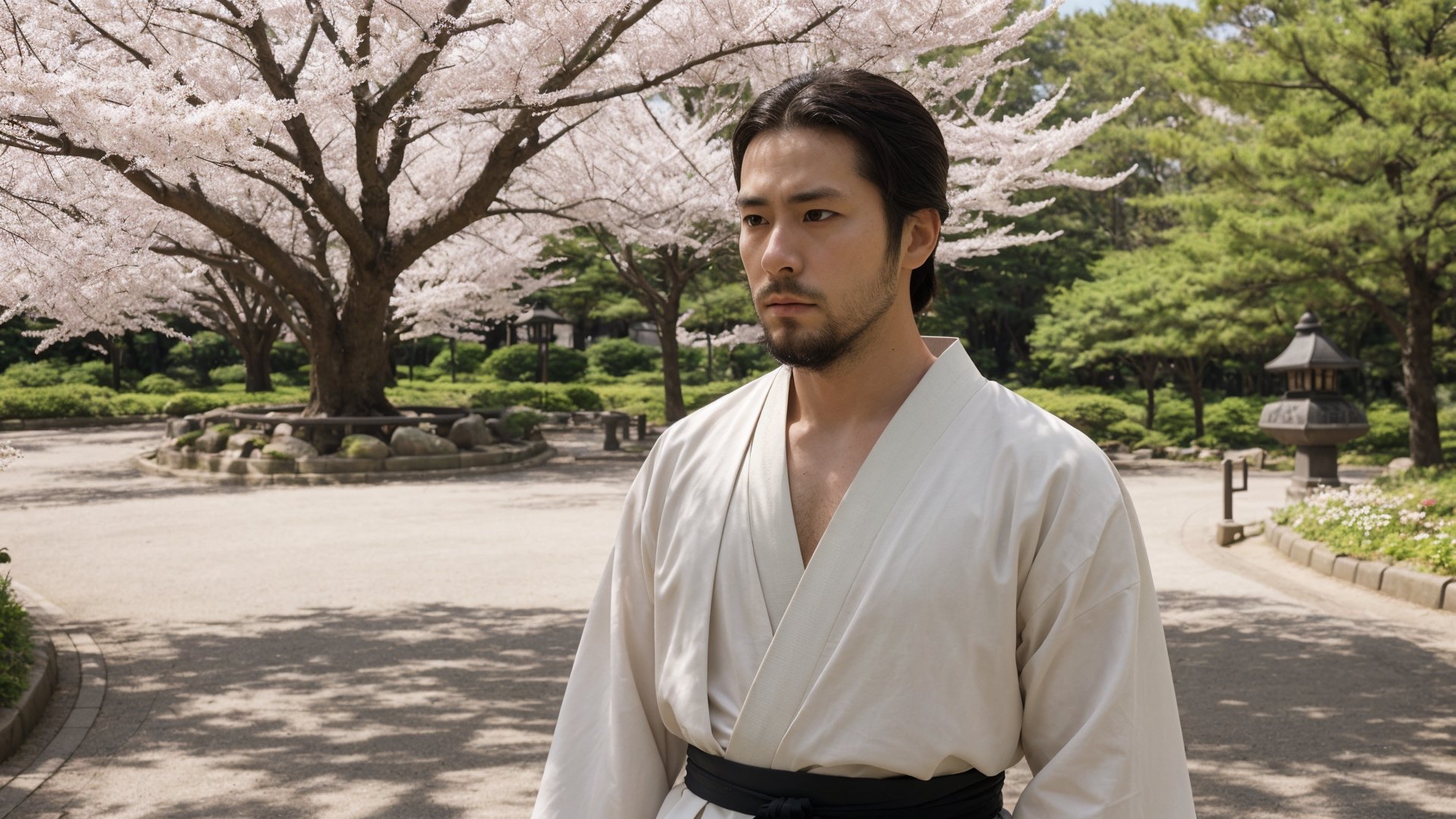 1male, samurai, 30 years old, pensive, best quality, ultra detailed, ultra realistic, ultra sharp, 8k, floral hakama, chonmage, detailed face, cinematic, sakura park path, upper body, beard, front view, sunny weather, detailed clothes, 