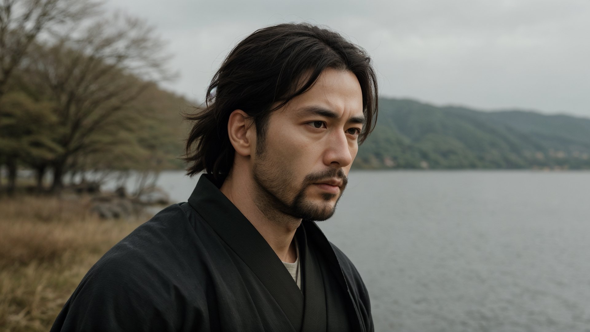 1guy, samurai, 30 years old, serious, best quality, ultra detailed, ultra realistic, 8k, samurai outfit, samurai haircut, very detailed face, hair blowing in the wind, lake, cinematic, japanese yard, upper body, beard