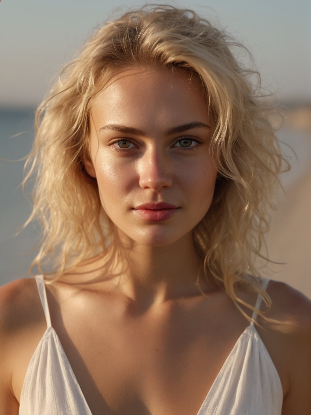 (photorealistic), (masterpiece), real photo, 8k UHD, solo female, russian, blonde, best quality, ultra quality, ultra detailed, realistic eyes, ultra realistic, photography, standing, beach, sunny weather, warm lighting, outdoor, beach, upper body, messy hair, white dress, (((closed mouth))), natural beauty, (closeup face), smirk