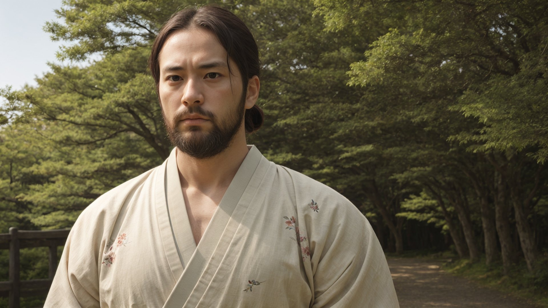 1male, samurai, 30 years old, pensive, best quality, ultra detailed, ultra realistic, ultra sharp, 8k, floral hakama, chonmage, detailed face, cinematic, japanese park path, upper body, beard, front view, sunny weather, detailed clothes, 