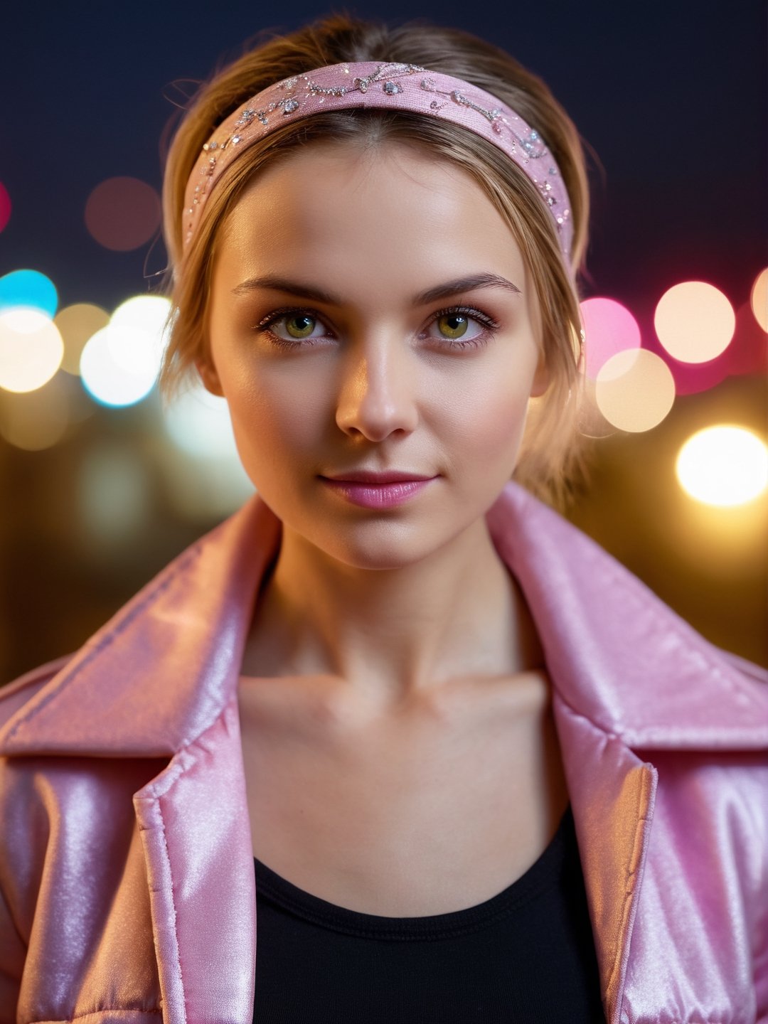 photo r3al, solo female, ukrainian, dark blonde, hairband, pink jacket, (closed mouth:1.5), 25 years old, facing viewer, looking at viewer, front view, masterpiece, photorealistic, hyperdetailed photography, city lights, night, bokeh effect, warm lighting, outdoors, dimples, (((closeup, small breasts))), realistic eyes, detailed eyes, white skin