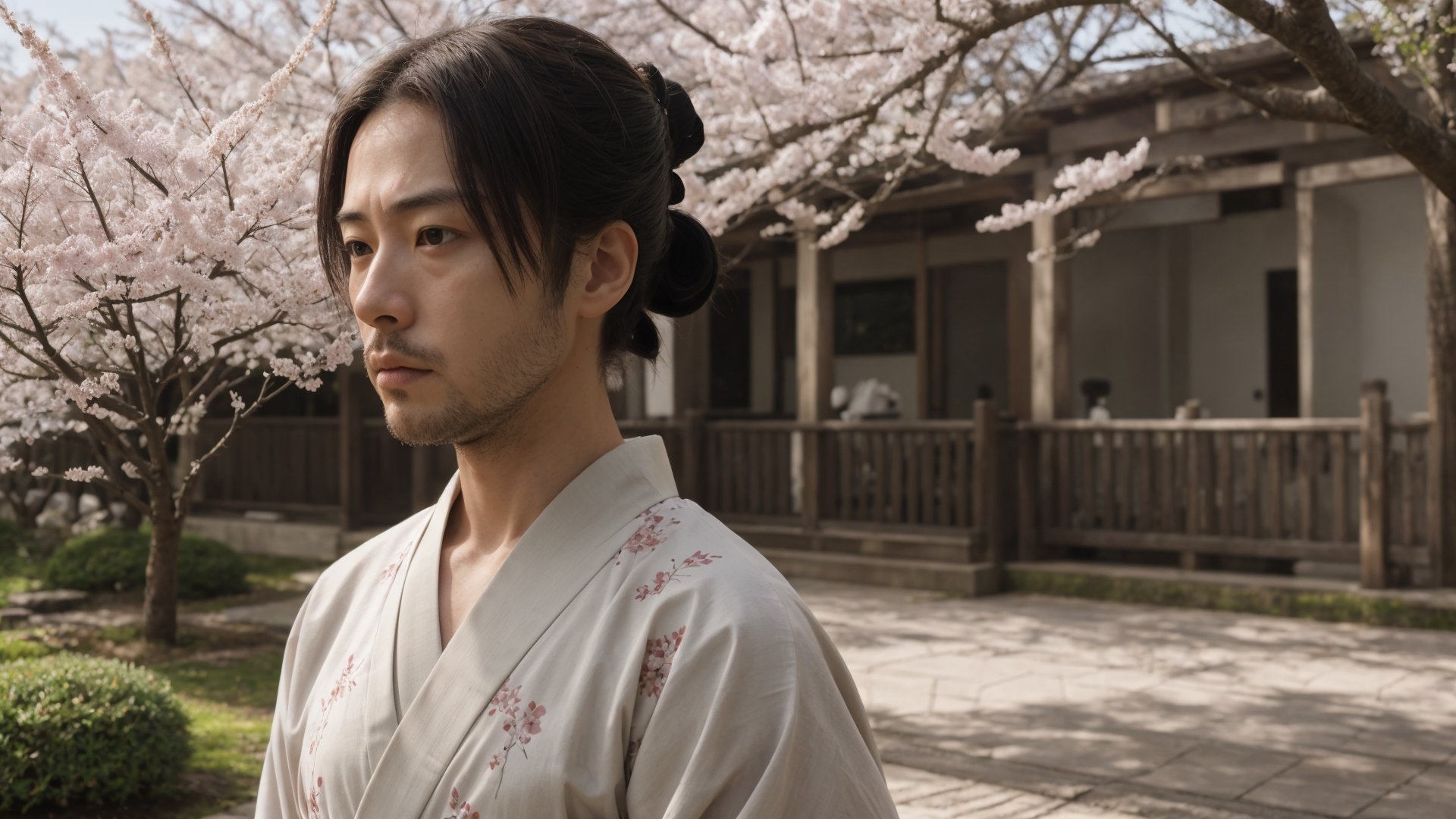 1male, samurai, 35 years old, pensive, best quality, ultra detailed, ultra realistic, ultra sharp, 8k, floral hakama, chonmage, detailed face, cinematic, sakura park path, upper body, beard, front view, sunlight, detailed clothes, 