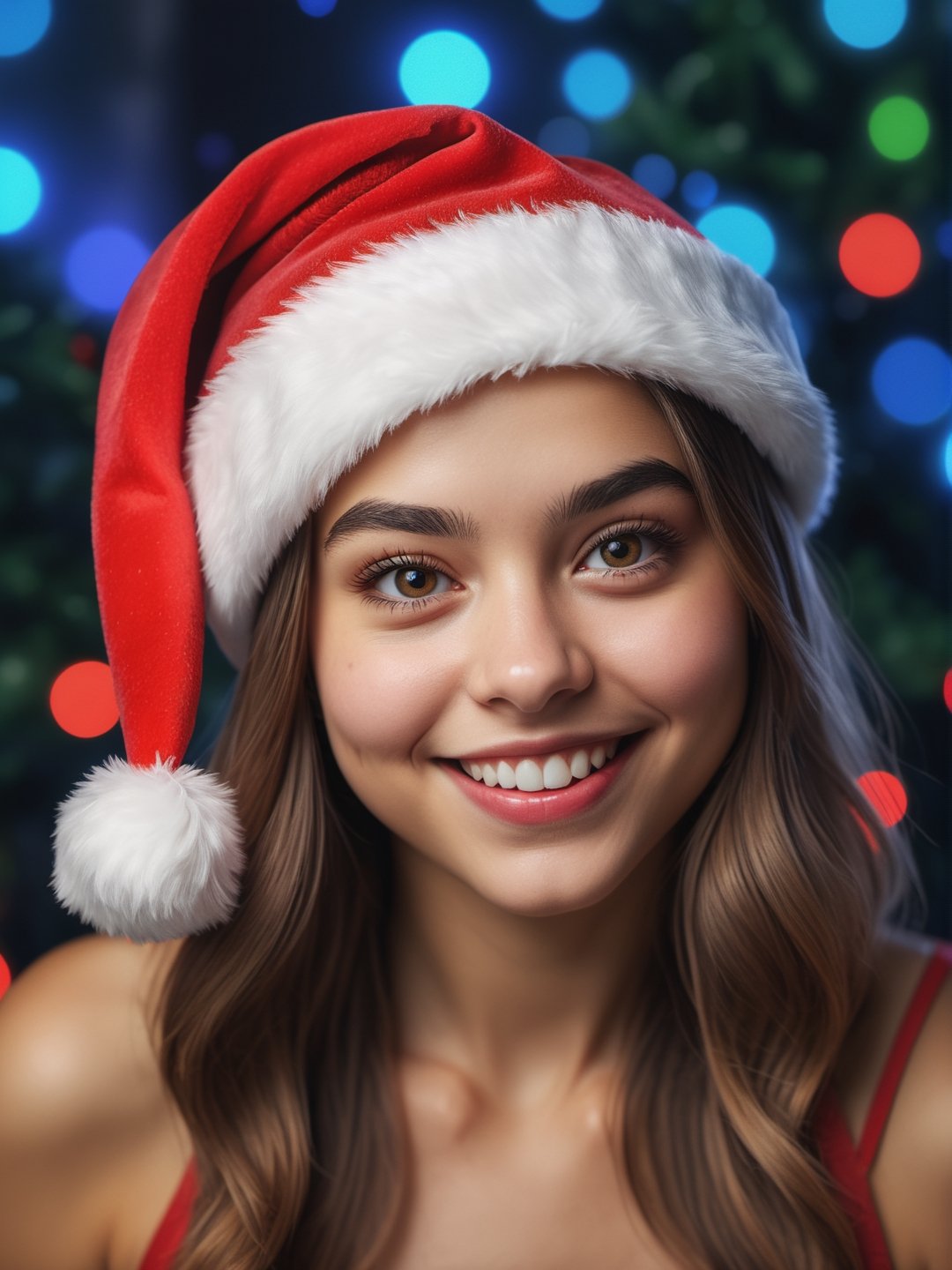 photo r3al, masterpiece, best quality, ultra realistic, 8k, ultra detailed, teen girl, christmas party, santa hat, (((closeup))), front view, smile, disco lights, detailed face, detailed eyes, natural face, natural beauty, cute, beautiful, short, chubby, thick, meaty