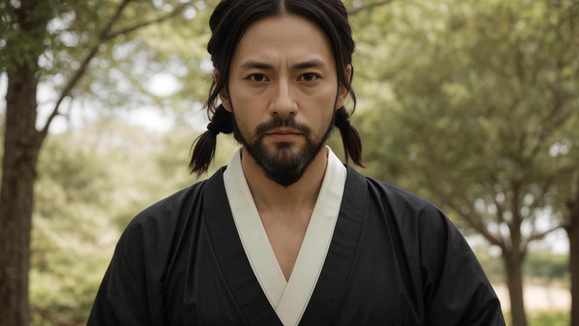 1male, samurai, handsome, 35 years old, pensive, best quality, ultra detailed, ultra realistic, ultra sharp, 8k, colorful hakama, chonmage, detailed face, cinematic, japanese park path, upper body, beard, front view, warm lighting, rule of thirds. detailed clothes, raised head, 