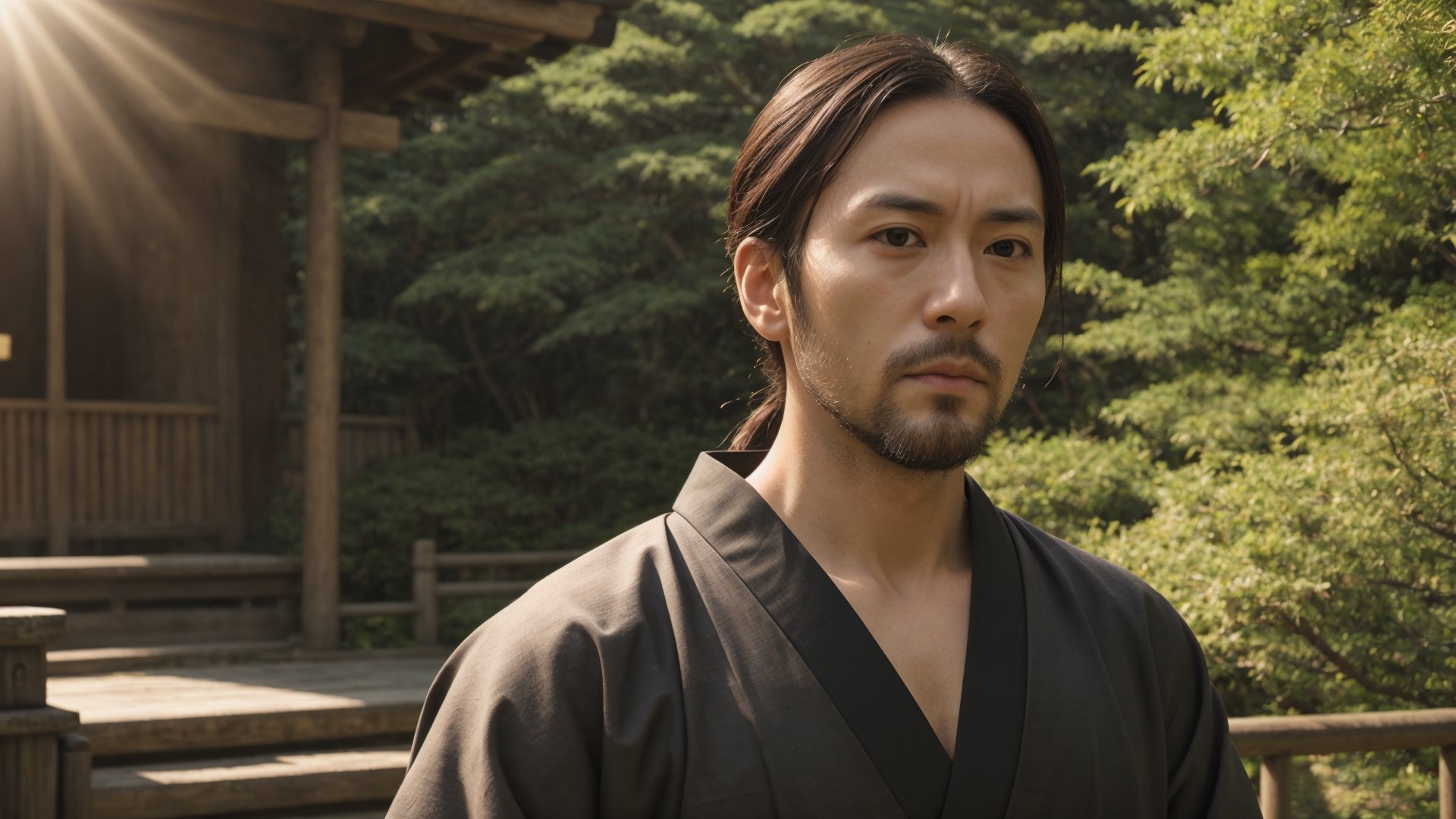 1male, samurai, handsome, 35 years old, pensive, best quality, ultra detailed, ultra realistic, ultra sharp, 8k, colorful hakama, chonmage, detailed face, cinematic, japanese park path, upper body, beard, front view, sunlight, detailed clothes, raised head, 