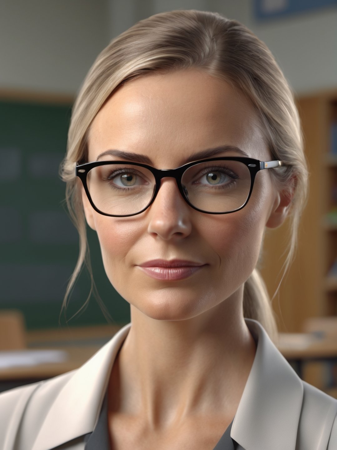 photo r3al, photorealistic, masterpiece, hyperdetailed photography of a beautiful woman, classroom, best quality, 8k UHD, 8k, ultra quality, ultra detailed, closed mouth, smirking, warm lighting, daylight, soft lighting, (closeup), looking_at_viewer, glasses, teacher, 35 years old, smooth face, facing viewer,