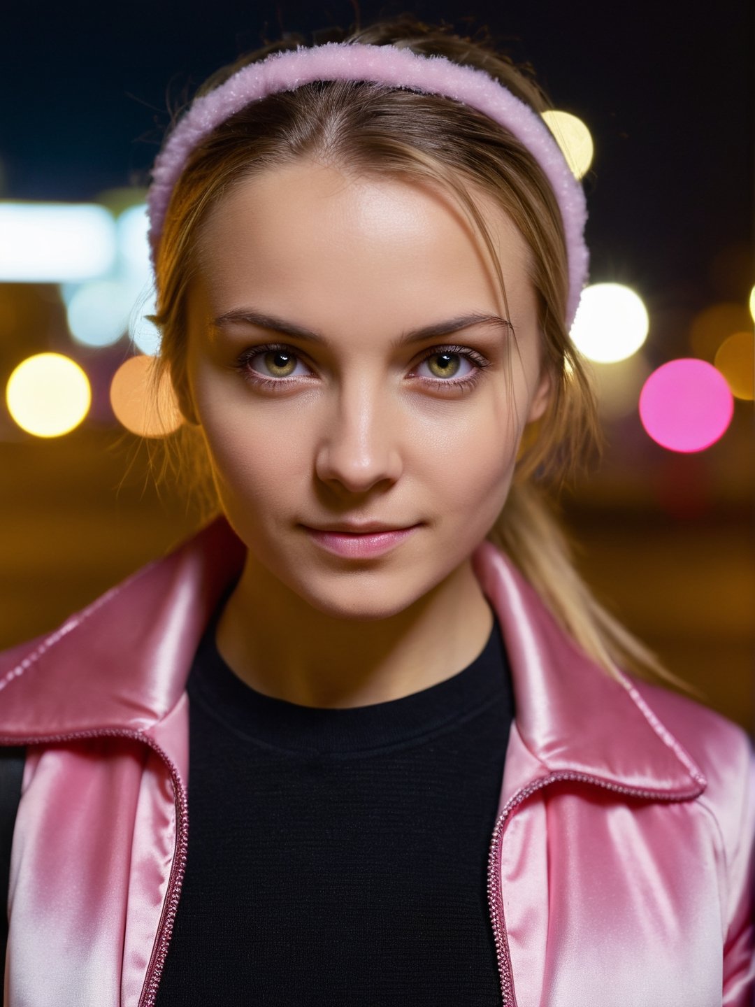 photo r3al, solo female, ukrainian, dark blonde, hairband, pink jacket, (closed mouth:1.5), 25 years old, facing viewer, looking at viewer, front view, masterpiece, photorealistic, hyperdetailed photography, city lights, night, depth of field, warm lighting, outdoors, dimples, (((closeup, small breasts))), realistic eyes, detailed eyes, white skin