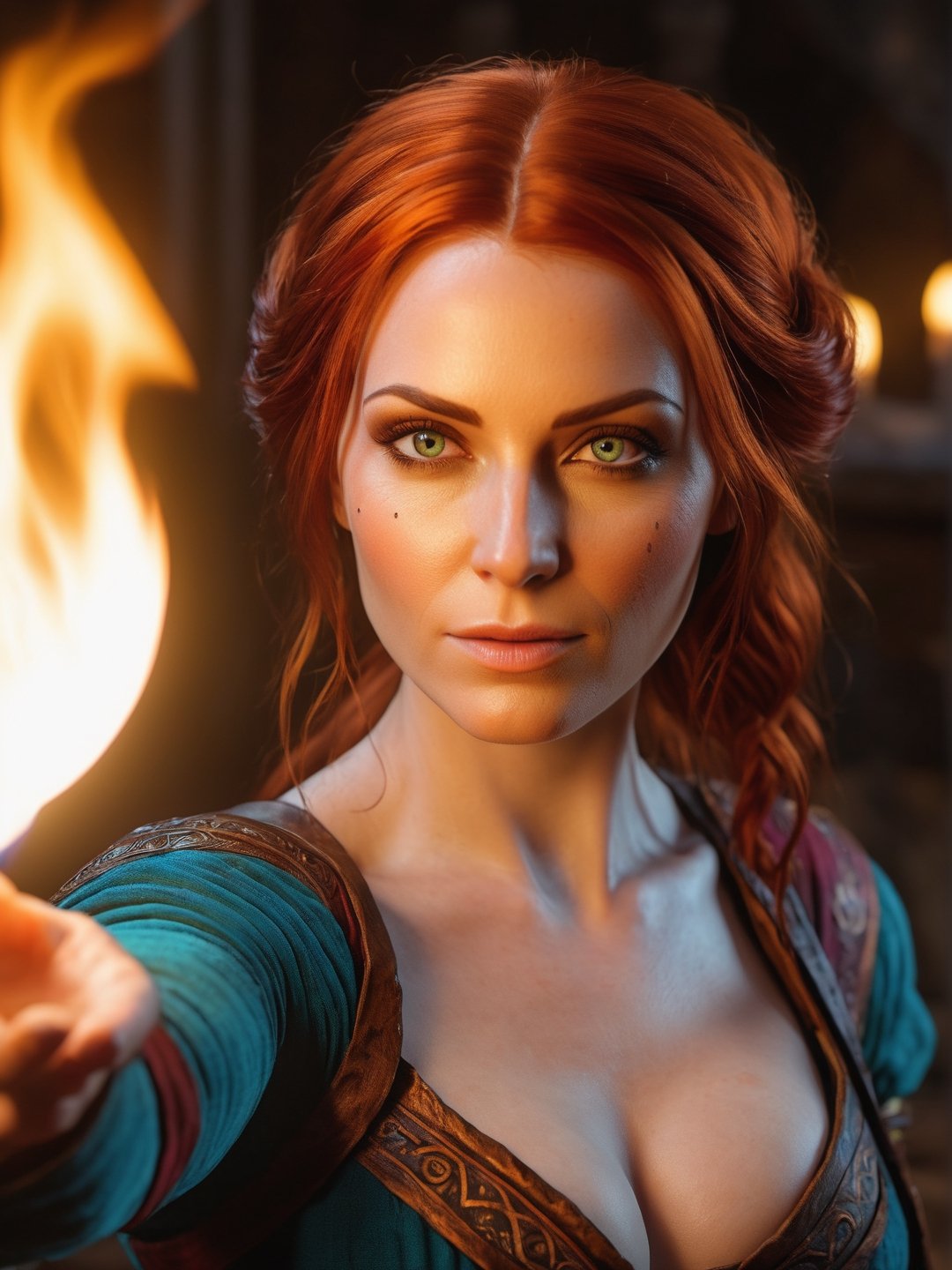 photo r3al, photorealistic, masterpiece, hyperdetailed photography, Triss Merigold, colorful orbs, element of fire and magic, best quality, 8k, ultra quality, ultra detailed, warm lighting, (closeup), looking_at_viewer, facing viewer, front_view, skinny, sharp focus