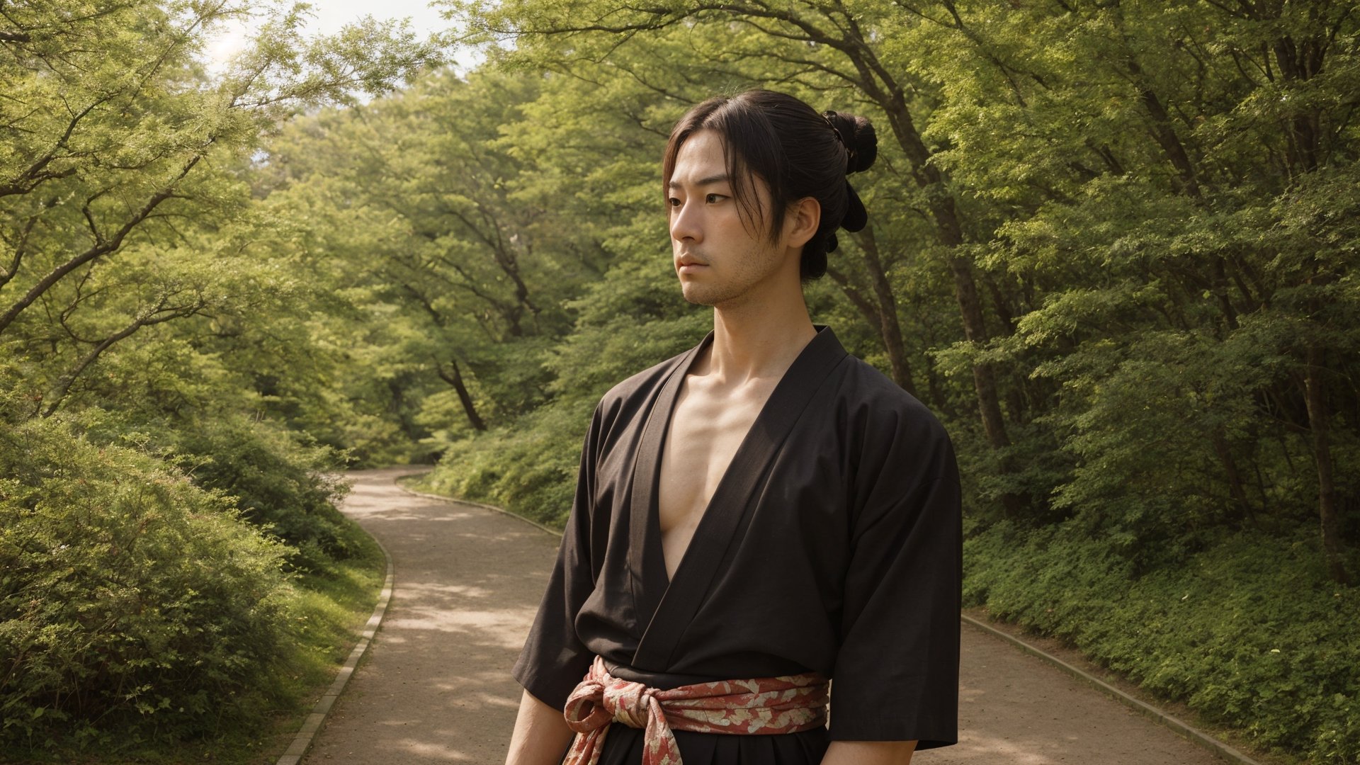 1male, samurai, 30 years old, pensive, best quality, ultra detailed, ultra realistic, ultra sharp, 8k, floral hakama, chonmage, detailed face, cinematic, japanese park path, upper body, beard, front view, sunny weather, detailed clothes, 