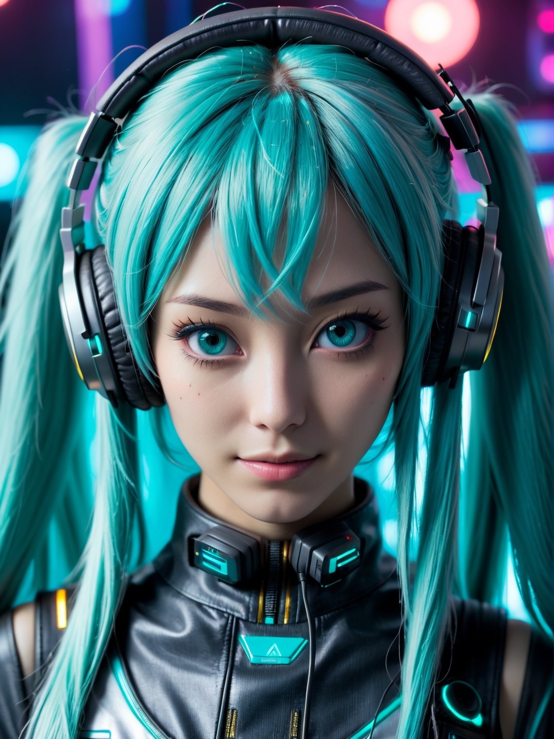 photo r3al, masterpiece, best quality, ultra realistic, 8k, ultra detailed, Hatsune Miku real photo, real female photo, real person, karaoke room, (((closeup))), front view, smirking, disco lights, detailed face, detailed eyes, natural face, natural beauty, cyberpunk style, headphones,cyberpunk style