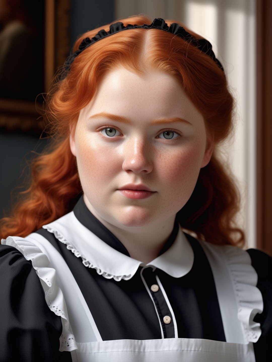 best quality, ultra detailed, hyperrealistic photography, chubby redhead female, maid, mansion, ultra realistic, photorealistic, 8k UHD, closeup, extra sharp, professional photography, soft lighting, warm lighting, upper body, natural beauty, 