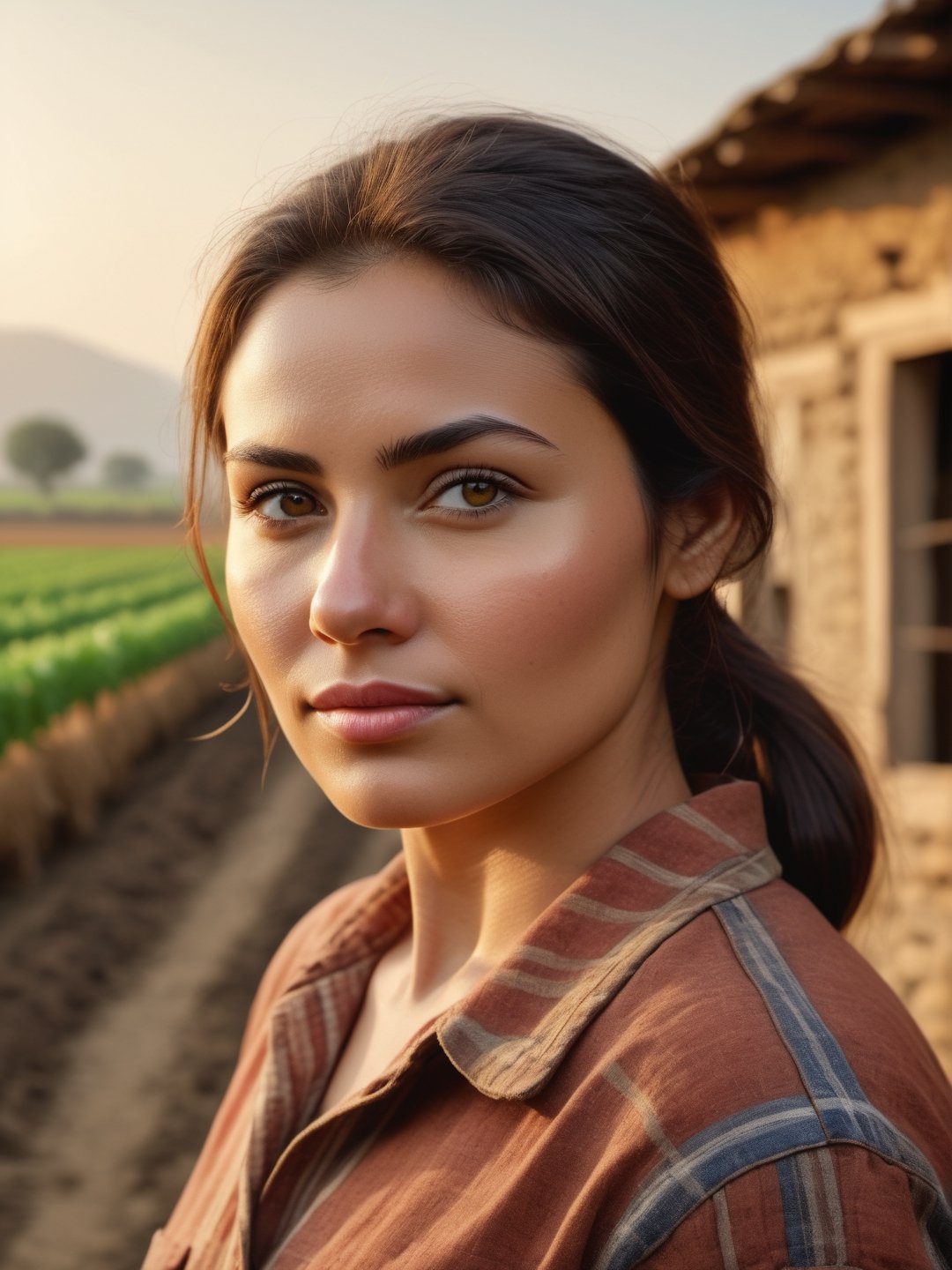 photo r3al, photorealistic, masterpiece, hyperdetailed photography, solo female, farmer, village farmland outdoors, best quality, 8k, ultra quality, ultra detailed, closed mouth, warm lighting, soft lighting, (closeup), looking_at_viewer, facing viewer, front_view, 