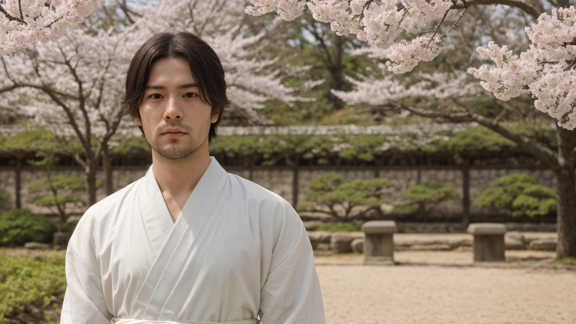 1male, samurai, 30 years old, pensive, best quality, ultra detailed, ultra realistic, ultra sharp, 8k, white hakama, chonmage, detailed face, hair blowing in the wind, cinematic, sakura garden, upper body, beard, front view, sunshine, detailed clothes, 