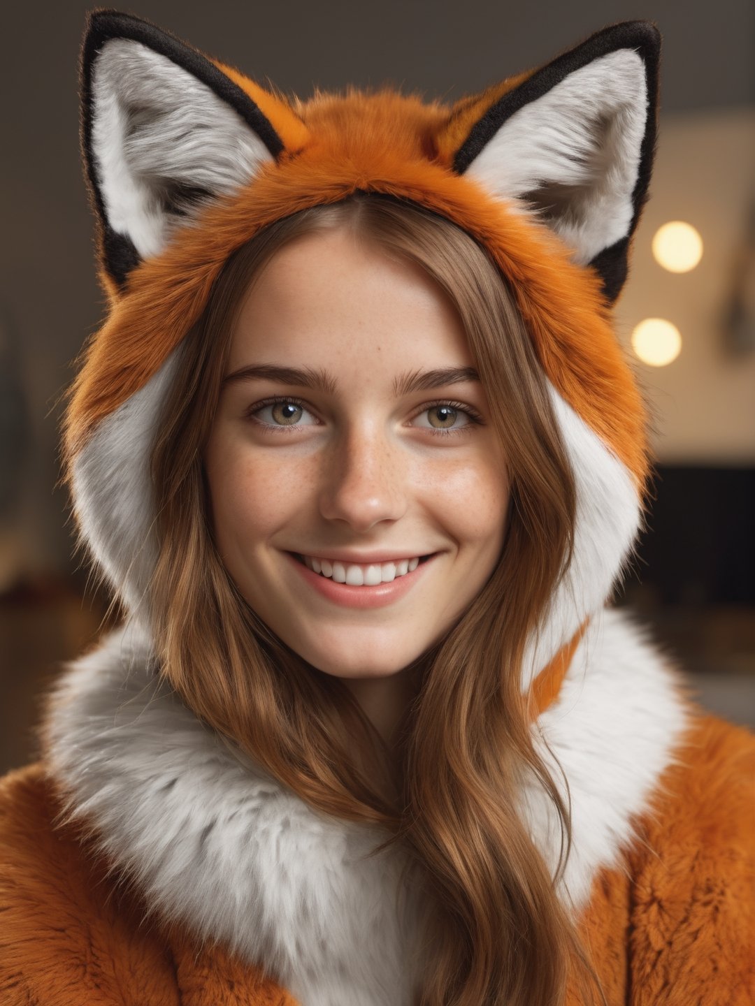 best quality,  ultra realistic,  photorealistic,  photography,  8k,  ultra quality,  ultra detailed,  extra sharp,  detailed face,  solo female,  cute,  european,  20 years old,  cute fox costume,  room,  (closeup:0.5),  (slightly_freckled:0.5),  perfect smile,  smiling eyes
