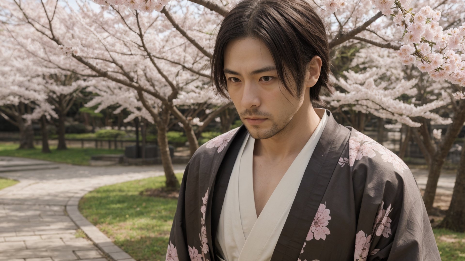 1male, samurai, 35 years old, pensive, best quality, ultra detailed, ultra realistic, ultra sharp, 8k, floral hakama, chonmage, detailed face, cinematic, sakura park path, upper body, beard, front view, sunlight, detailed clothes, 