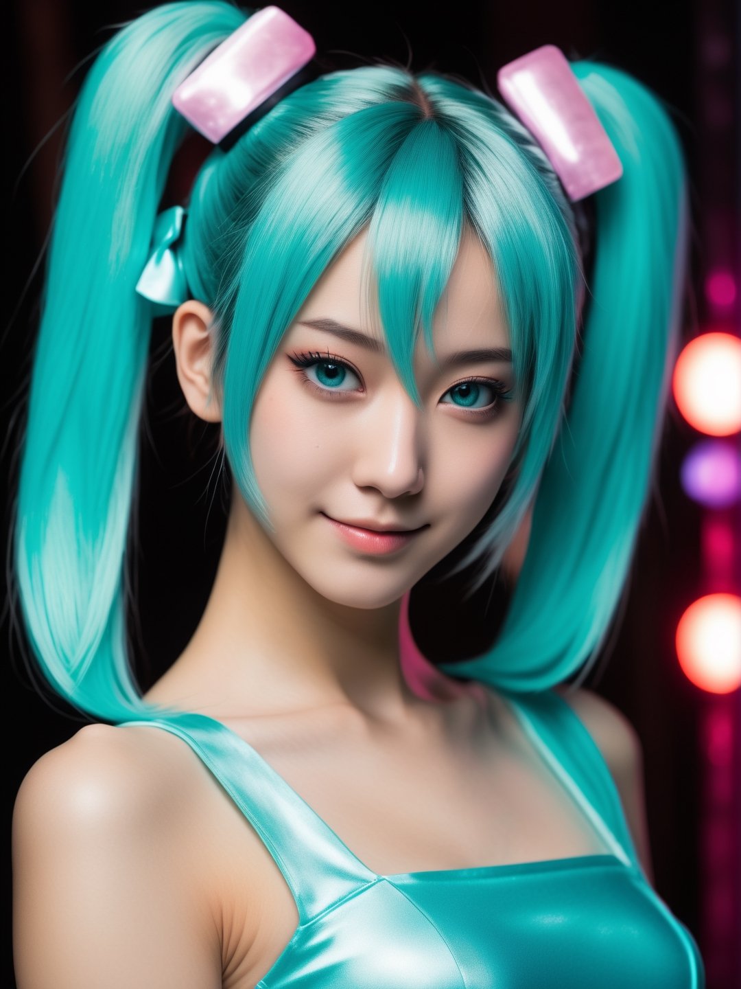 photo r3al, masterpiece, best quality, ultra realistic, 8k, ultra detailed, hatsune miku real photo, real female photo, real person, double bun, ballerina, empty dance hall, (((closeup))), front view, smirking, disco lights, detailed face, detailed eyes, natural face, natural beauty, 