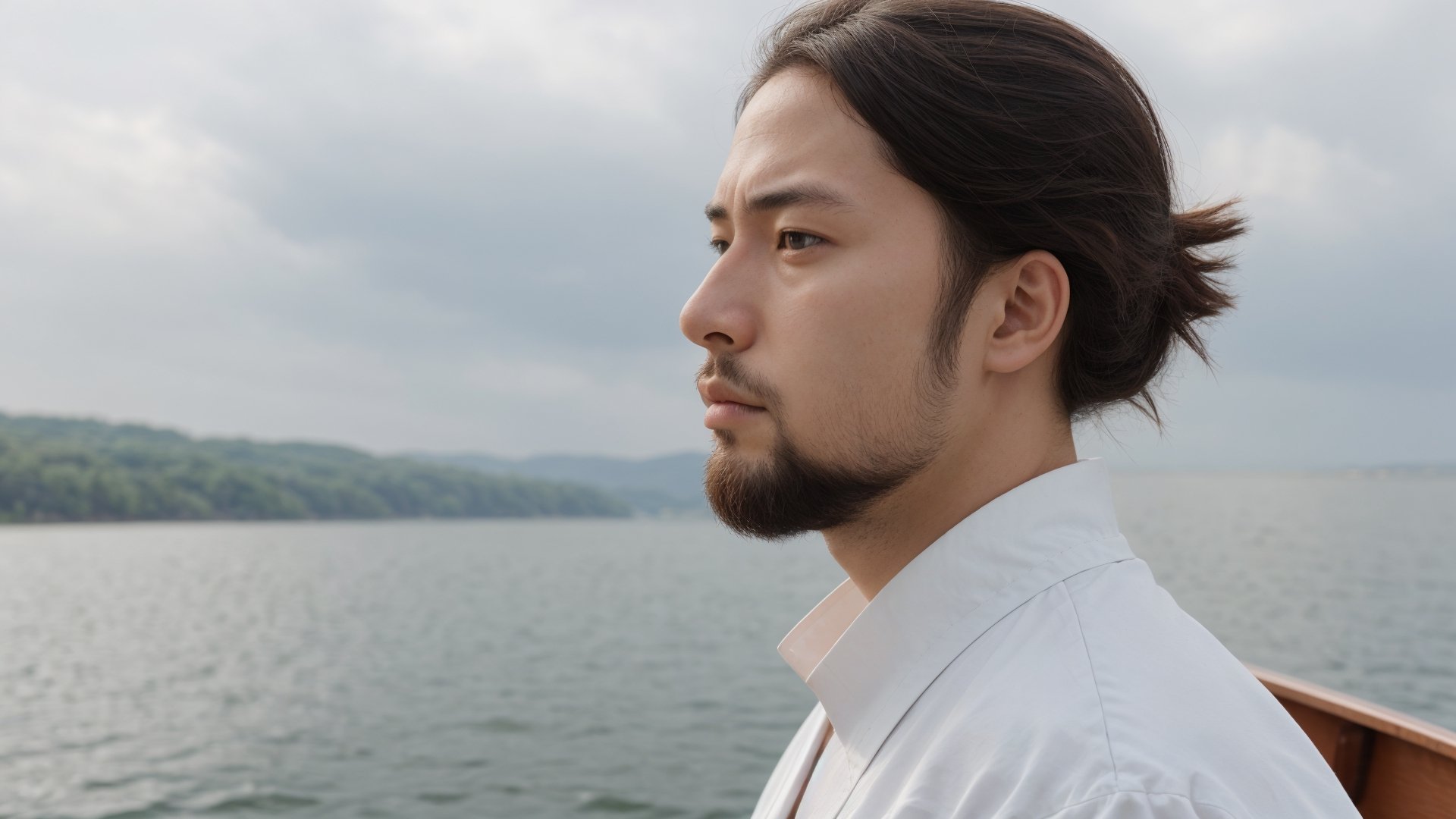 1male, samurai, 30 years old, pensive, best quality, ultra detailed, ultra realistic, ultra sharp, 8k, white hakama, chonmage, detailed face, hair blowing in the wind, cinematic, lake with a boat in the background, upper body, beard, front view, sunshine, detailed clothes, 