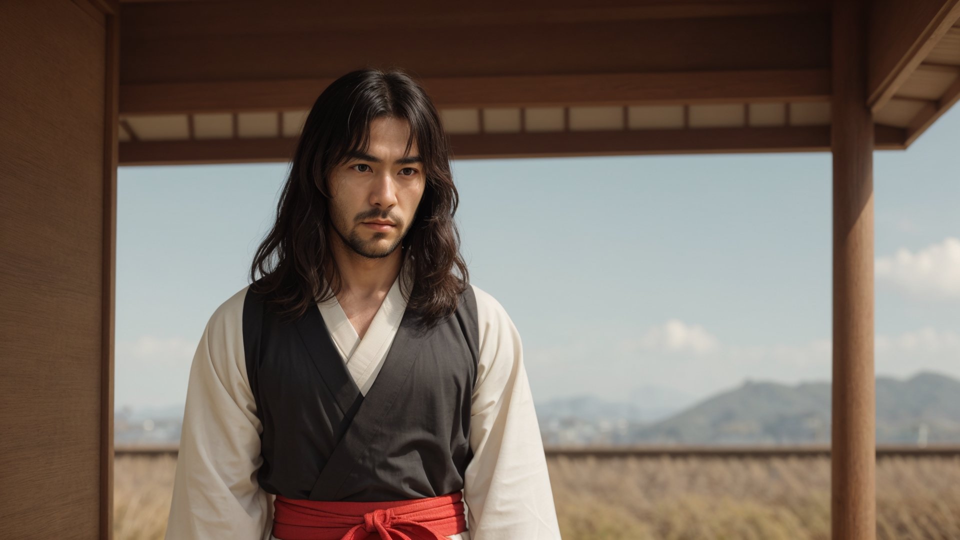 1guy, samurai, 30 years old, serious, best quality, ultra detailed, ultra realistic, 8k, hakama, samurai hair, detailed face, hair blowing in the wind, cinematic, japanese yard, upper body, beard, frong_view