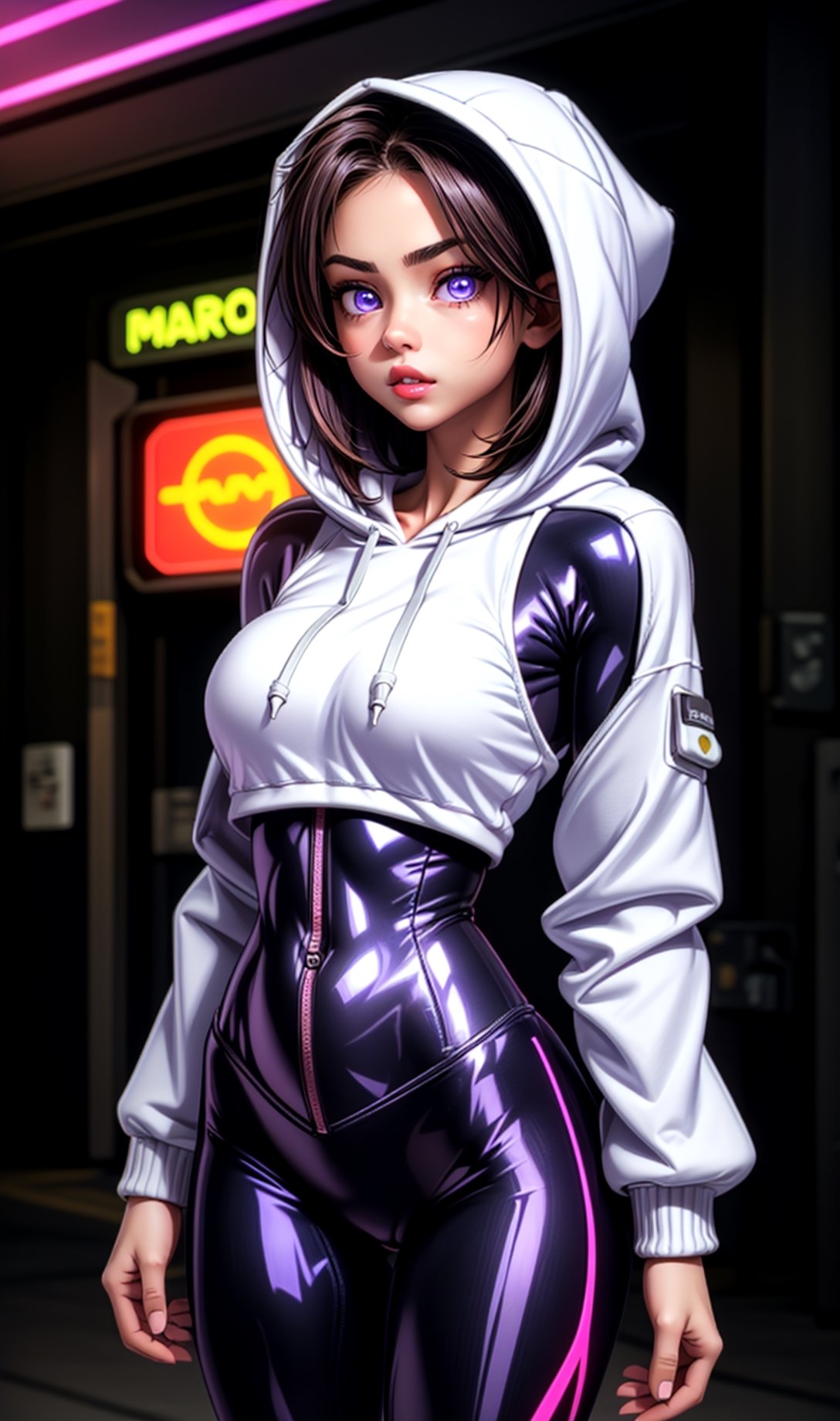 (1girl), ((vigilanty, hoodie, leggings, neon lights, Arora clothes, bodysuit:1.3)), (side view, muscular, fit, cyberware, Armor), ((medium Breasts, rounded breasts:1.3)), (accentuated hip), (large pelvic, big ass), ((narrow waist, curvy waist:1.2)), ((slim, skinny waist, slender body:1.2)), (fighting pose:1.2), modern hairstyle, colour streaked hair, highlights, seductress, tempting

masterpiece, best quality, ultra highres, depth of field, (cinematic lighting:1.2), (detailed face, detailed eyes:1.2), (detailed lips, rose lips:1.2), (detailed background:1.2), (battle field, post war:1.2) (masterpiece:1.2), (ultra detailed), (best quality), intricate, comprehensive cinematic, scientific photography, (gradients), colorful, detailed landscape, shiny skin, looking_at_viewer ,perfecteyes,mecha musume
