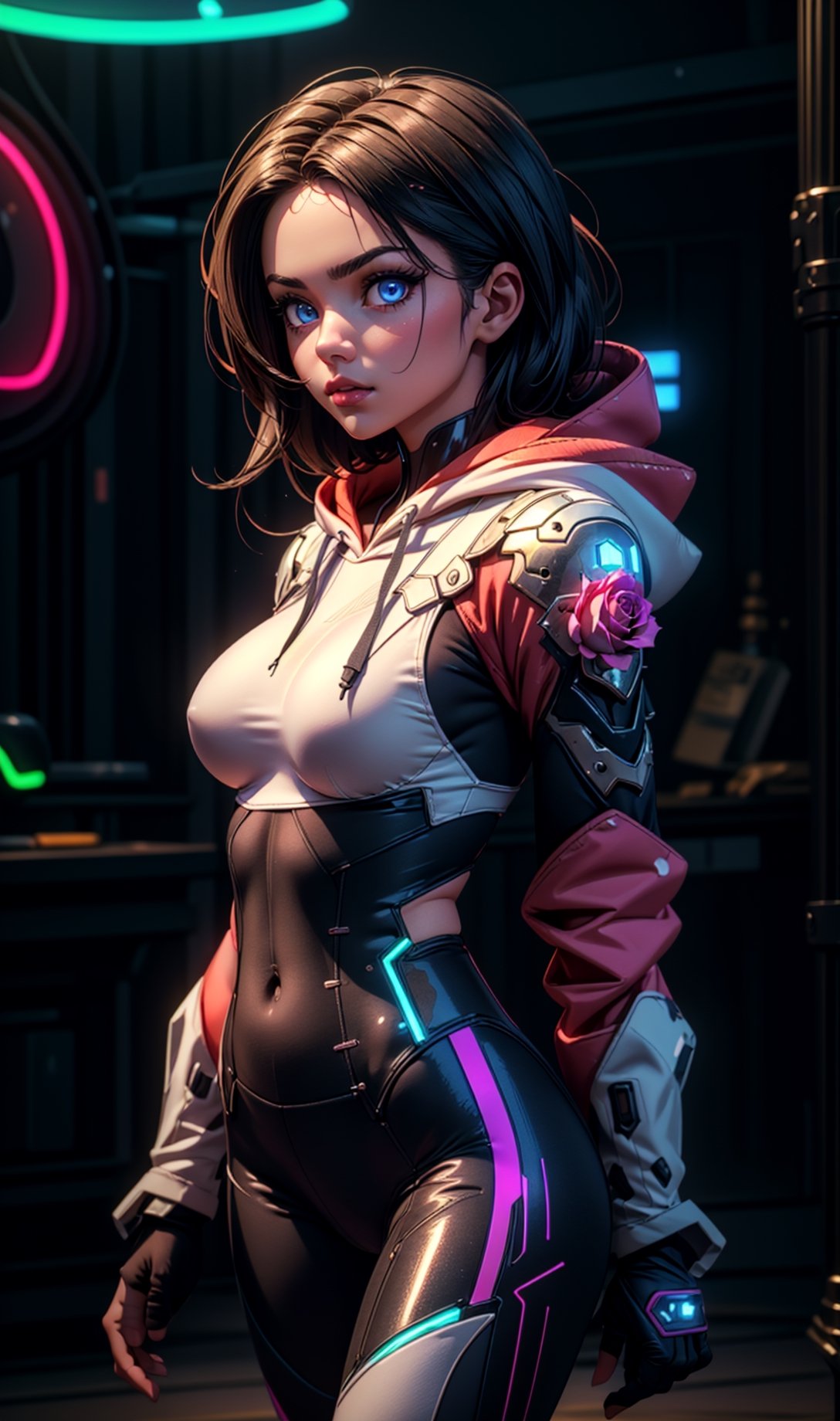 (1girl), ((vigilanty, hoodie, leggings, neon lights, Arora clothes, bodysuit:1.3)), (side view, muscular, fit, cyberware, Armor), ((medium Breasts, rounded breasts:1.3)), (accentuated hip), (large pelvic, big ass), ((narrow waist, curvy waist:1.2)), ((slim, skinny waist, slender body:1.2)), (fighting pose:1.2), modern hairstyle, colour streaked hair, highlights, seductress, tempting

masterpiece, best quality, ultra highres, depth of field, (cinematic lighting:1.2), (detailed face, detailed eyes:1.2), (detailed lips, rose lips:1.2), (detailed background:1.2), (battle field, post war:1.2) (masterpiece:1.2), (ultra detailed), (best quality), intricate, comprehensive cinematic, scientific photography, (gradients), colorful, detailed landscape, shiny skin, looking_at_viewer ,perfecteyes,mecha musume