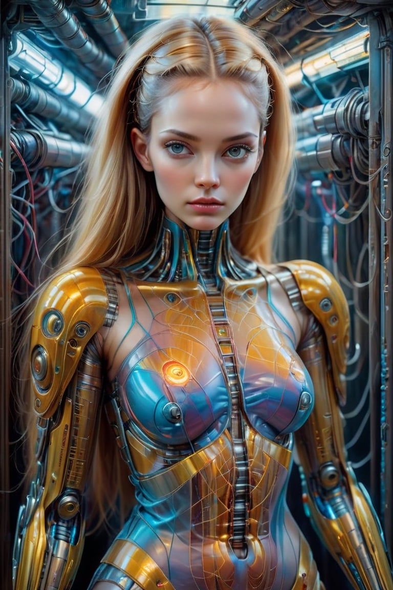 Please create a masterpiece, stunning beauty, perfect face, epic love, Slave to the machine, full-body, hyper-realistic oil painting, vibrant colors, Body horror, wires, biopunk, cyborg by Peter Gric, Hans Ruedi Giger, Marco Mazzoni, dystopic, golden light, perfect composition, col, sexy 