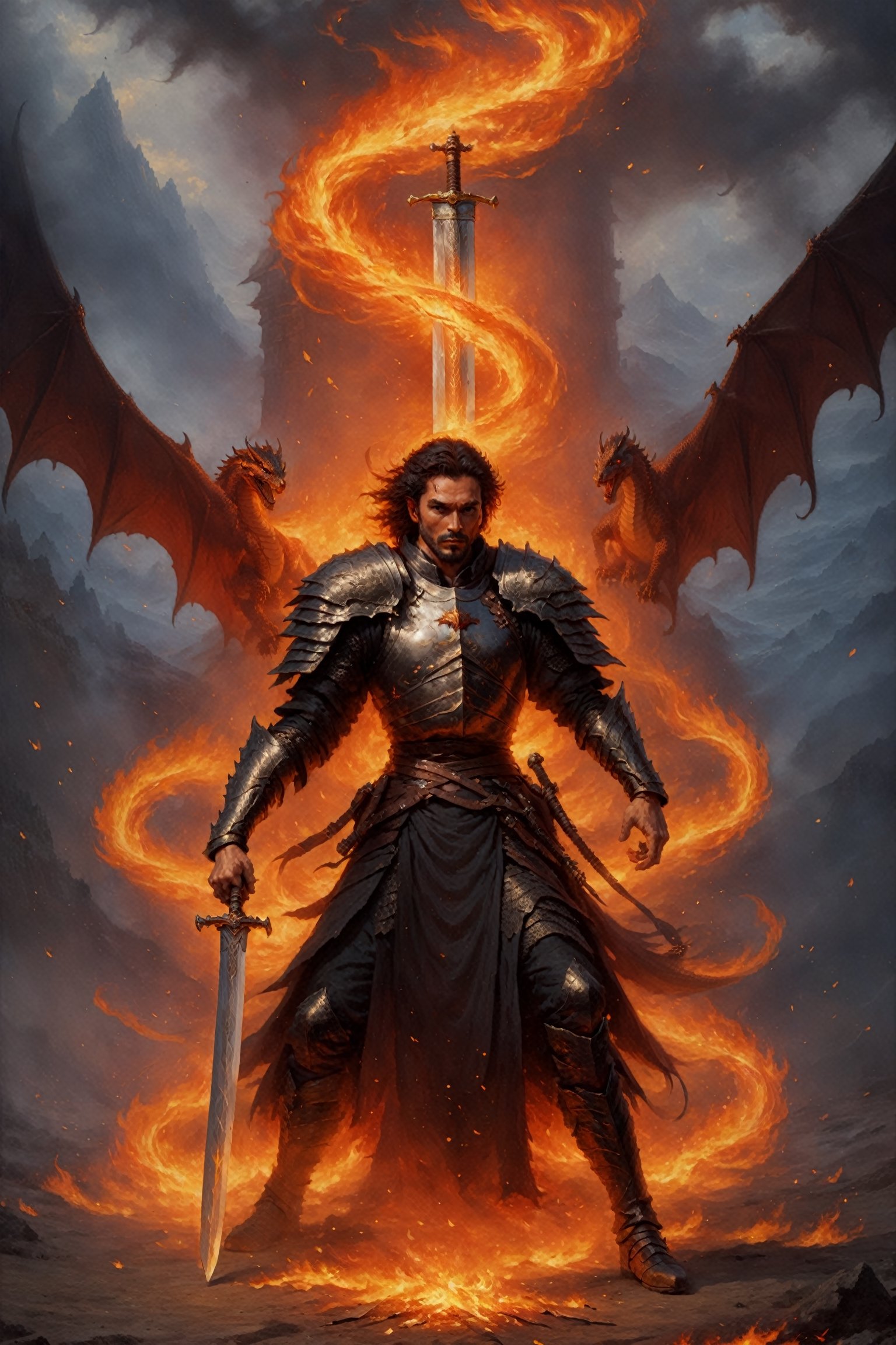 a man holding a sword made from fire spark, ultra detail face, ultra detail model, Ultra high resolution, fire theme, epic, dramatic, dragon,HellAI,EpicSky,oil painting