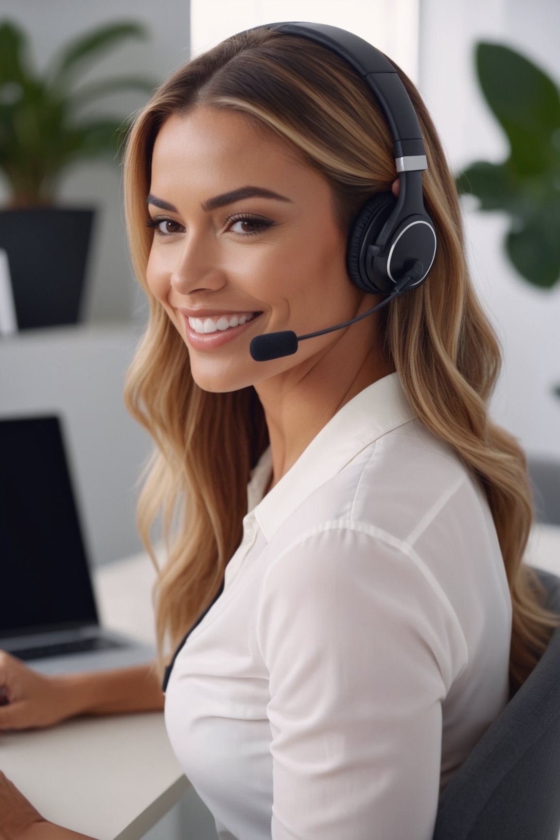 Side view head shot smiling mixed race lady freelancer wearing headset, communicating with client via video computer call. Millennial pleasant professional female tutor giving online language class, carmen electra, sexy topless