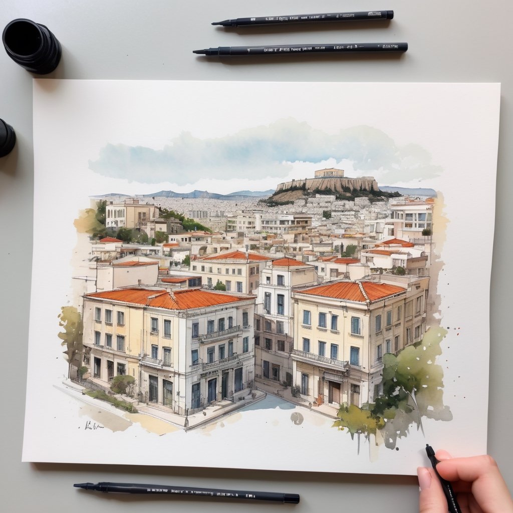 A loose ink sketching with watercolors of a modern Athens neighborhood, architectural, detailed, old building and new buildings, quiet street,