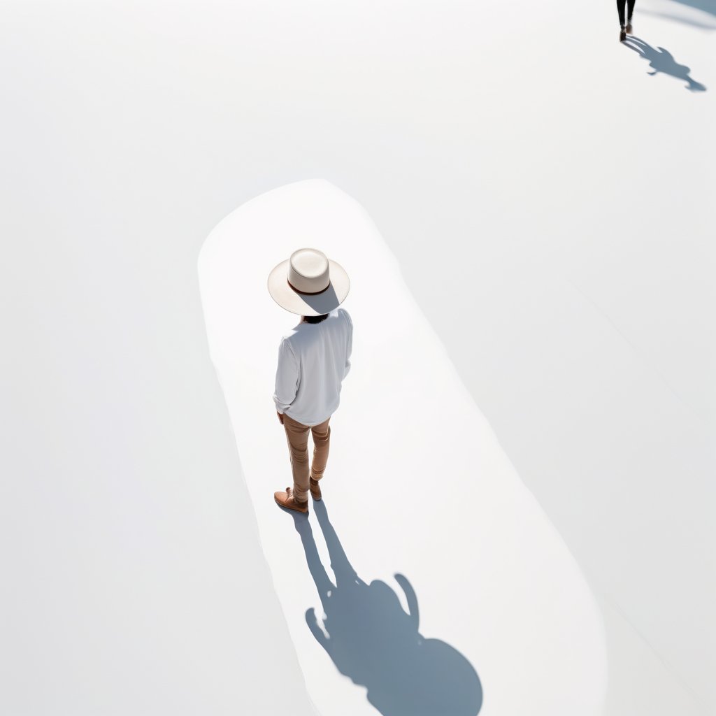 Prospect, Bird's-eye view, Human figure, A pure white background, Alone, Walk in a pure white space, Shadow, Wearing a hat, Can't see the face clea, Loneliness, Sense of atmosphere, Leave a lot of white space, modern art