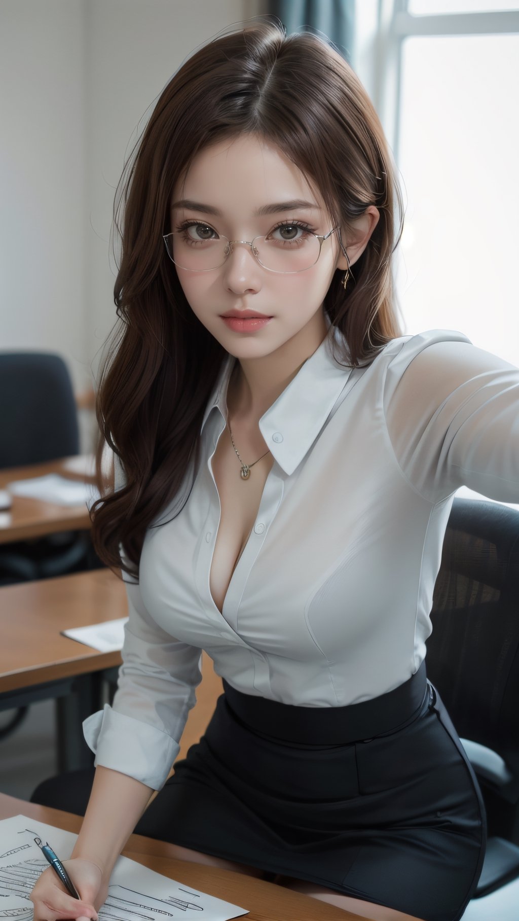 masterpiece, best quality, realistic, high_res, Real image of Fashion style, portrait of a lady photography,
1girl, (solo:1.5), hot, (signing the document:1.4), skirt, shirt, half mouth open, office lady, young, milf style, perfect female body, pantyhose, shot dress, office lady suits, (wearing glass:1.3), (medium breasts:1.3), detailed face, sharp focus, (selfie:1.3), simple background, blurred background, pefect detailed hands,