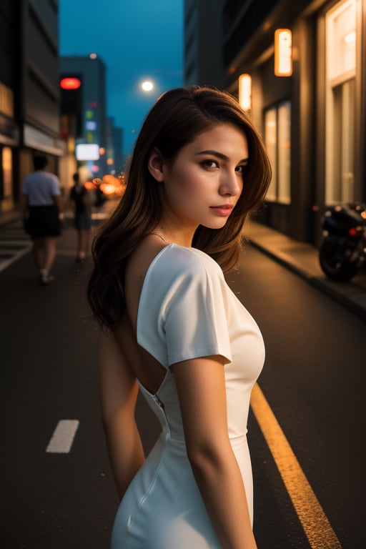 Create a young european woman (20 years old, natural brown hair, White Sommer Dress) and Nissan skyline R32 (orange) front side in Tokio (🌞 hot Summer day), beautiful, tumblr aesthetic, hd photography, hyperrealism, photorealistic, flickering light, anime character, detailed, vibrant, anime face, sharp focus, character design, wlop, artgerm, kuvshinov, character design, unreal engine, beautiful city at night, long exposure city at night photography, full-color, urban street photography, nightlife, synthwave, cityscape, hd photography, digital art, 4k,Military,Jill