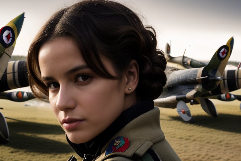 A full-body portrait of a beautiful female RAF pilot, long windy hair, WW2 RAF base set in english countryside, (((spitfires parked))), beautiful round face, stunning bright eyes, soft skin, (Charlie Bowater, Alyssa Monks, Carne Griffiths, WLOP) perfect eyes, dynamic composition, artistic masterpiece, chiaroscuro, dynamic lighting, pretty girl, epic art, amazing quality, highly detailed, 8k,Jill,Military