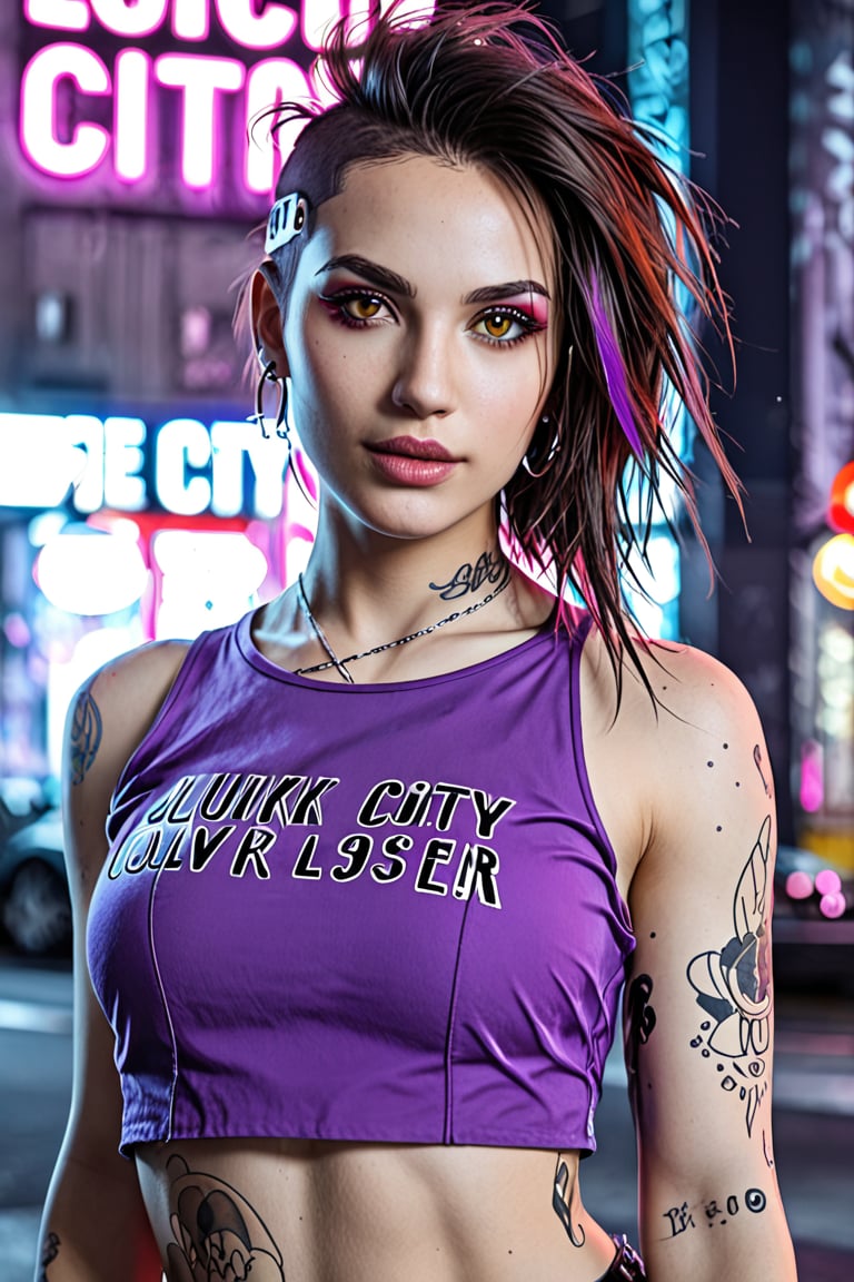 Full frame:  girl in a purple top in a neon city, in the style of chinapunk, iconic album covers, soft-focus portraits, luke fildes, light amber and silver, exotic, captivating lighting --ar 1:2 --stylize 750 --v 6