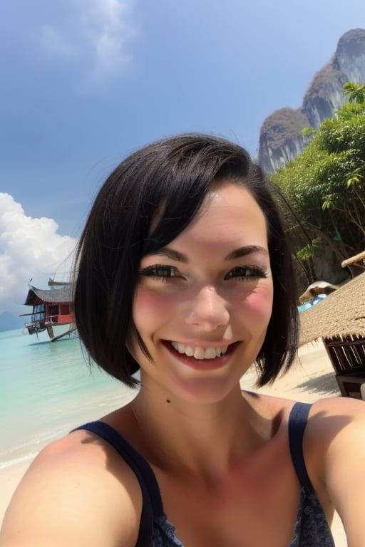 selfie of 22 year old american girl on holiday in Thailand, short black hair, bob_cut