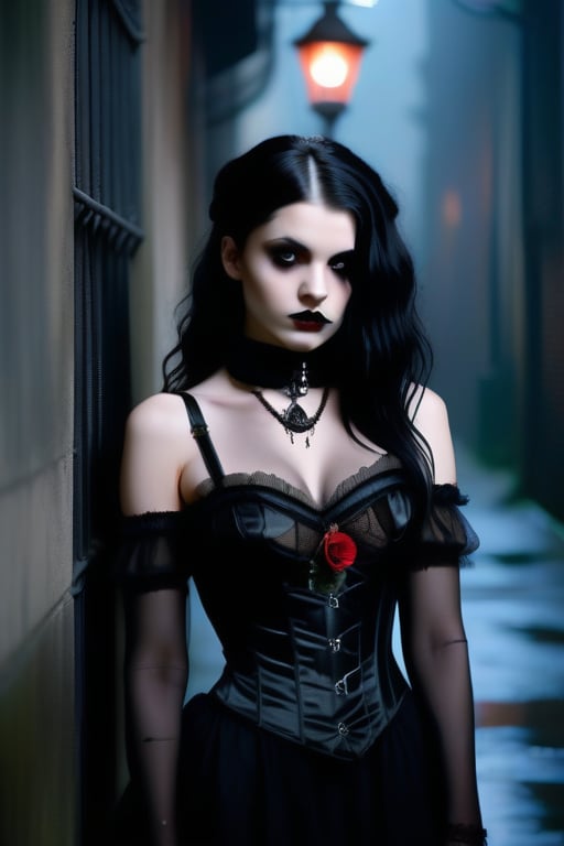 A dark alleyway scene: a young goth Lolita stands confidently, her raven hair styled in loose waves framing her pale complexion. A black fishnet dress hugs her slender figure, with a crimson corset visible beneath. A choker adorned with miniature skulls adds an air of edginess to her innocent features. The flickering streetlights cast eerie shadows on her face, while the misty atmosphere surrounding her exudes mystery and allure.