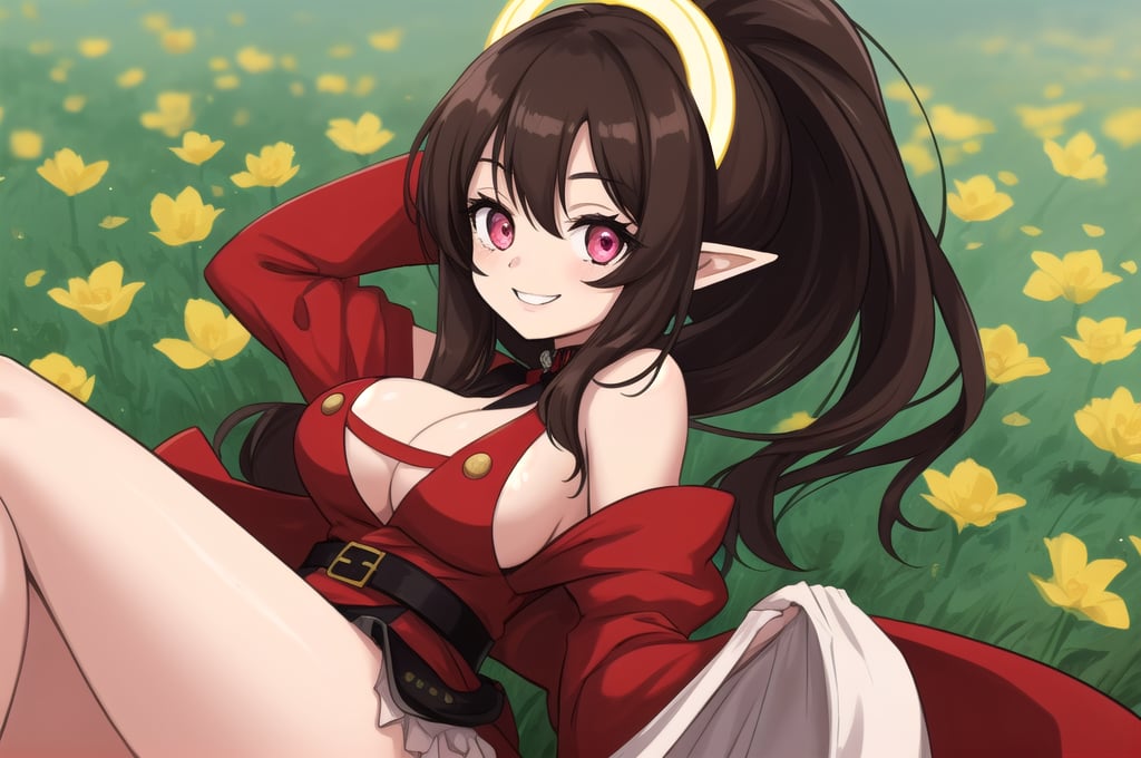 Cute, loli_face, 1girl, big_eyelashes, pink_eyes, smiling, looking_at_viewer, golden_flower_on_head, dark_brown_hair_with_white_stripes, large_ponytail_style, big_boobs, red_and_black_heavenly_robes, exposed_legs, hands_behind_back, flower_field_background, perfect_hands, elf_ears