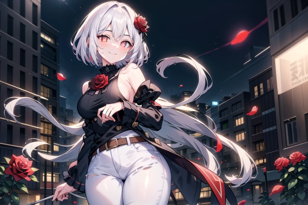 cute, 1girl, solo_female, medium_boobs, large_bob_hairstyle, large_white_hair, detached_sleeves, smiling, white_pupils, standing, city_detailed_background, medium_thighs, short_jeans, tight_black_shirt, perfect_hands, HairRose, red rose,Tex Mex Burrito Style,HairRose, night_time, red rose